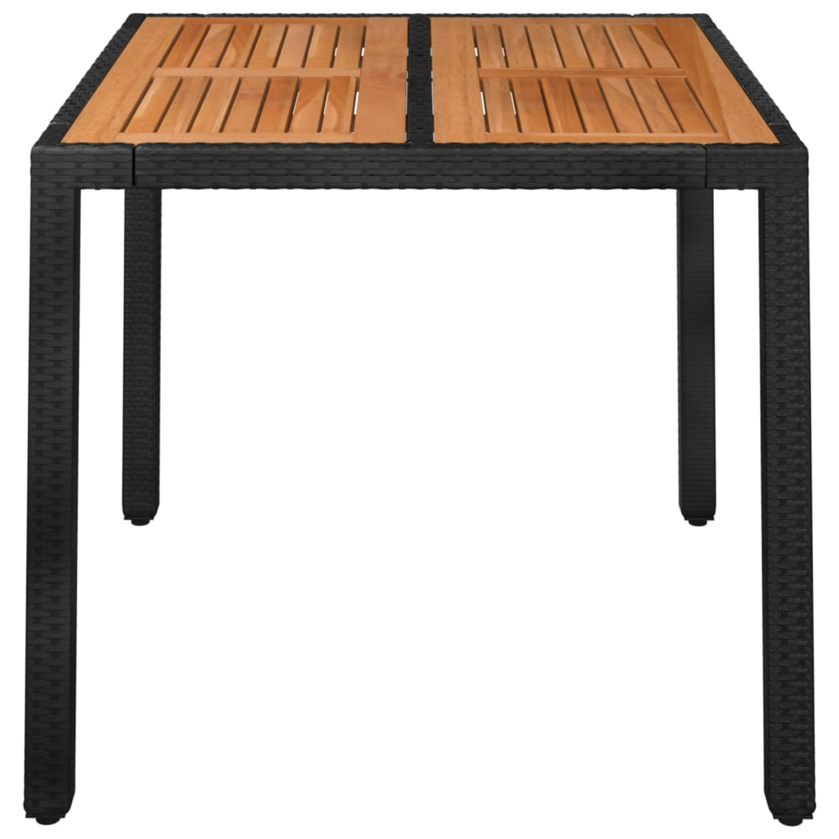 Ein quadratischer Tisch mit schwarzem Rahmen und Holzplatte.