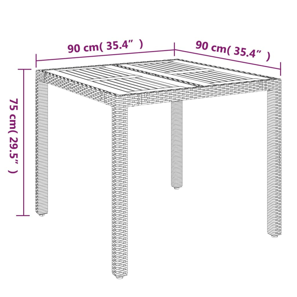Ein quadratischer Tisch mit Rattanrahmen und Abmessungen in cm.