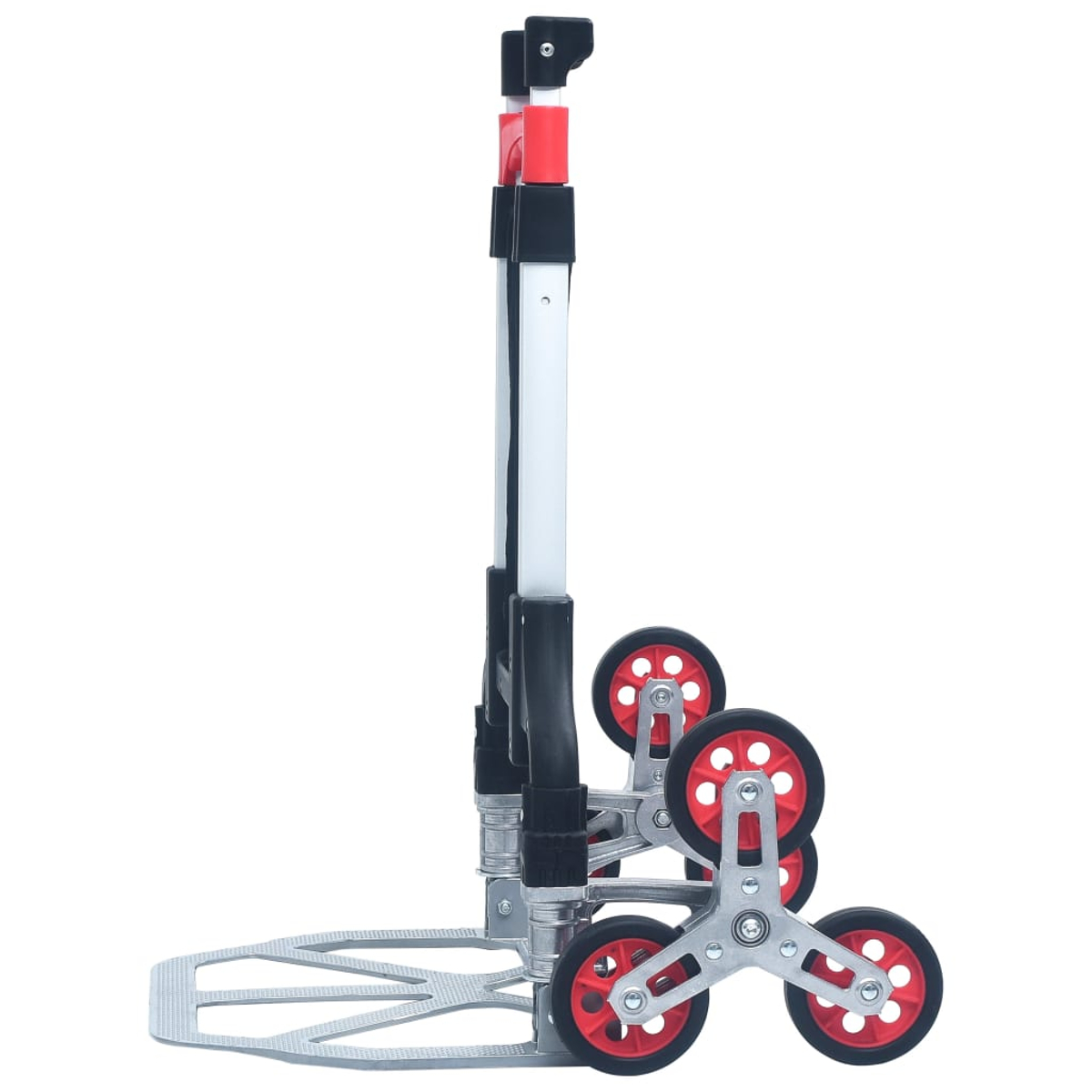 Carrello della spesa pieghevole rosso e argento con tre ruote rosse.