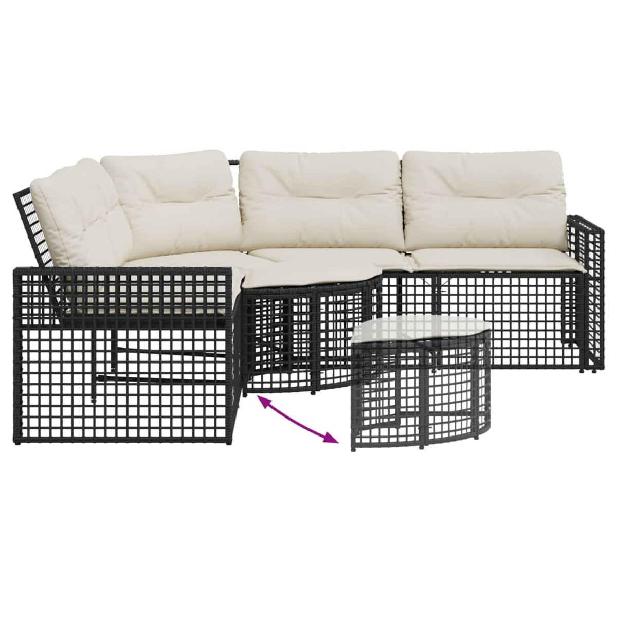 Set divano componibile in vimini nero con cuscini color crema e tavolino.