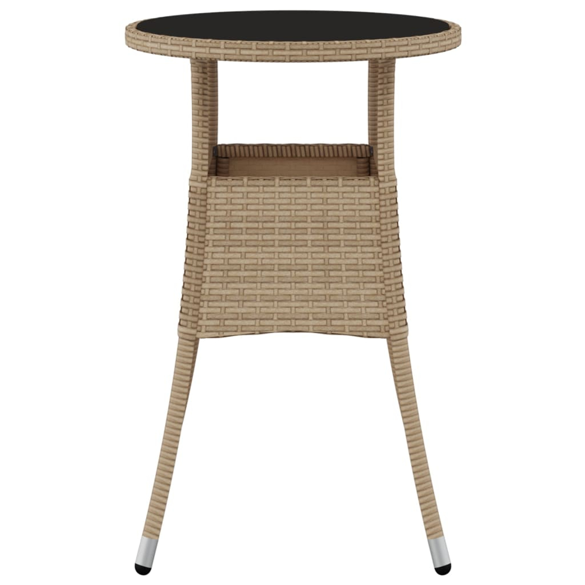 Rattan-Beistelltisch mit schwarzer Glasplatte, vor weißem Hintergrund.