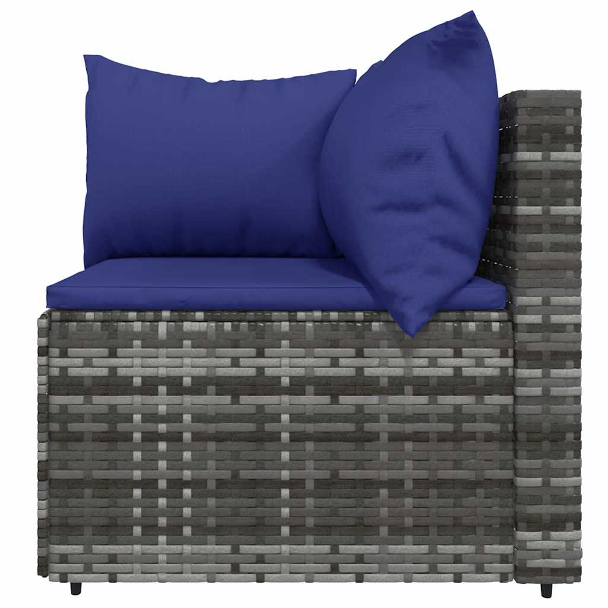 Graues Ecksofa aus Weidengeflecht mit blauen Kissen und Sitzkissen.