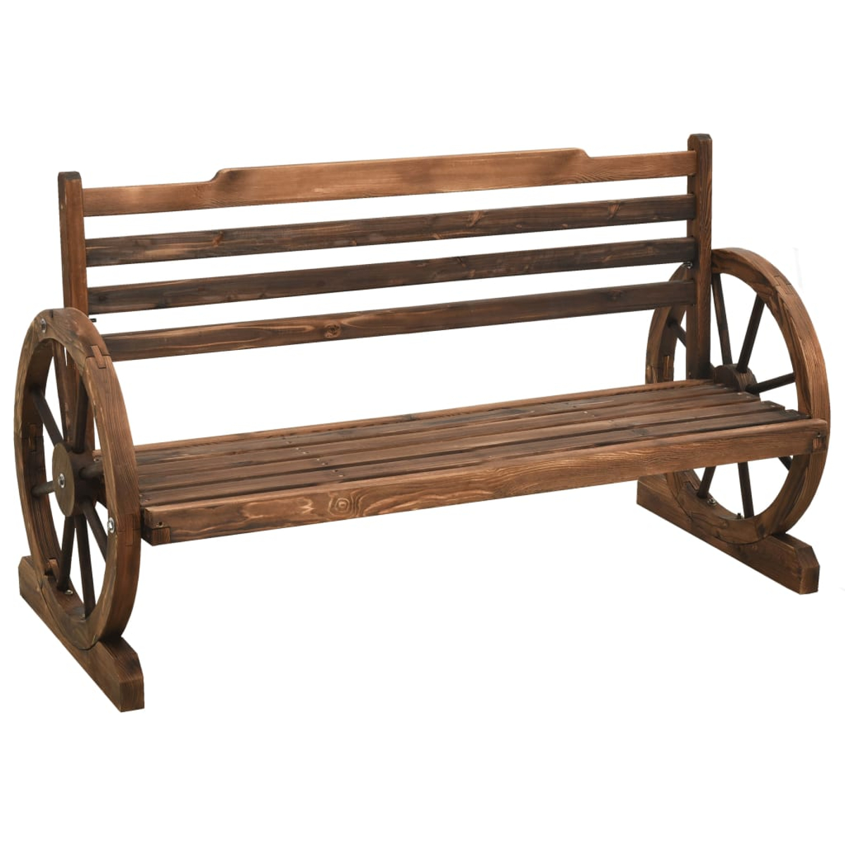 Eine braune Holzbank mit Wagenradseiten. Weißer Hintergrund.
