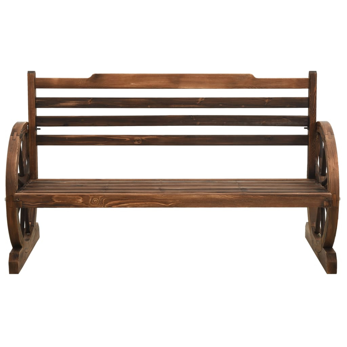 Holzbank mit Lattenrücken und Sitzfläche. Sie hat radförmige Seiten.
