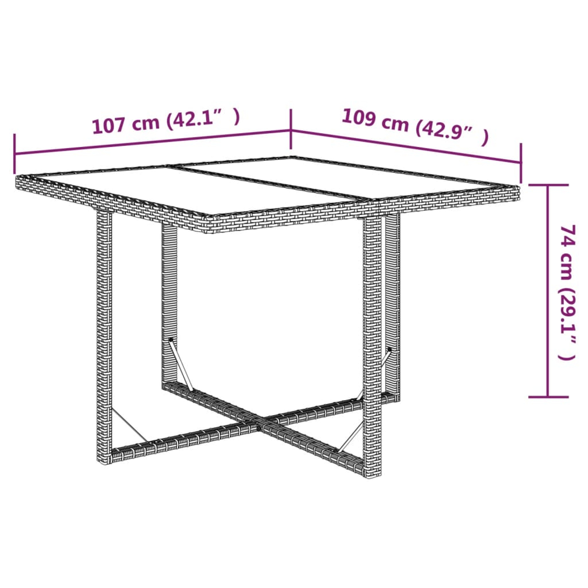 Quadratischer Tisch aus Korbgeflecht mit Maßen in cm und Zoll.