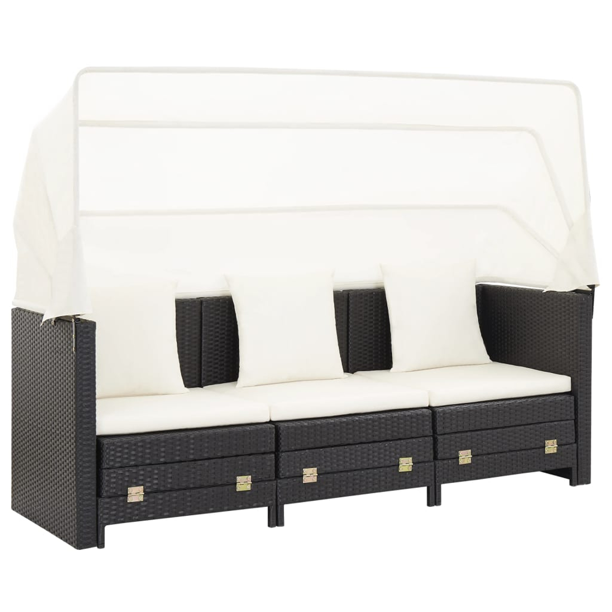 Schwarzes Outdoor-Sofa mit Baldachin. Weiße Kissen. Schwarzes Korbmuster.