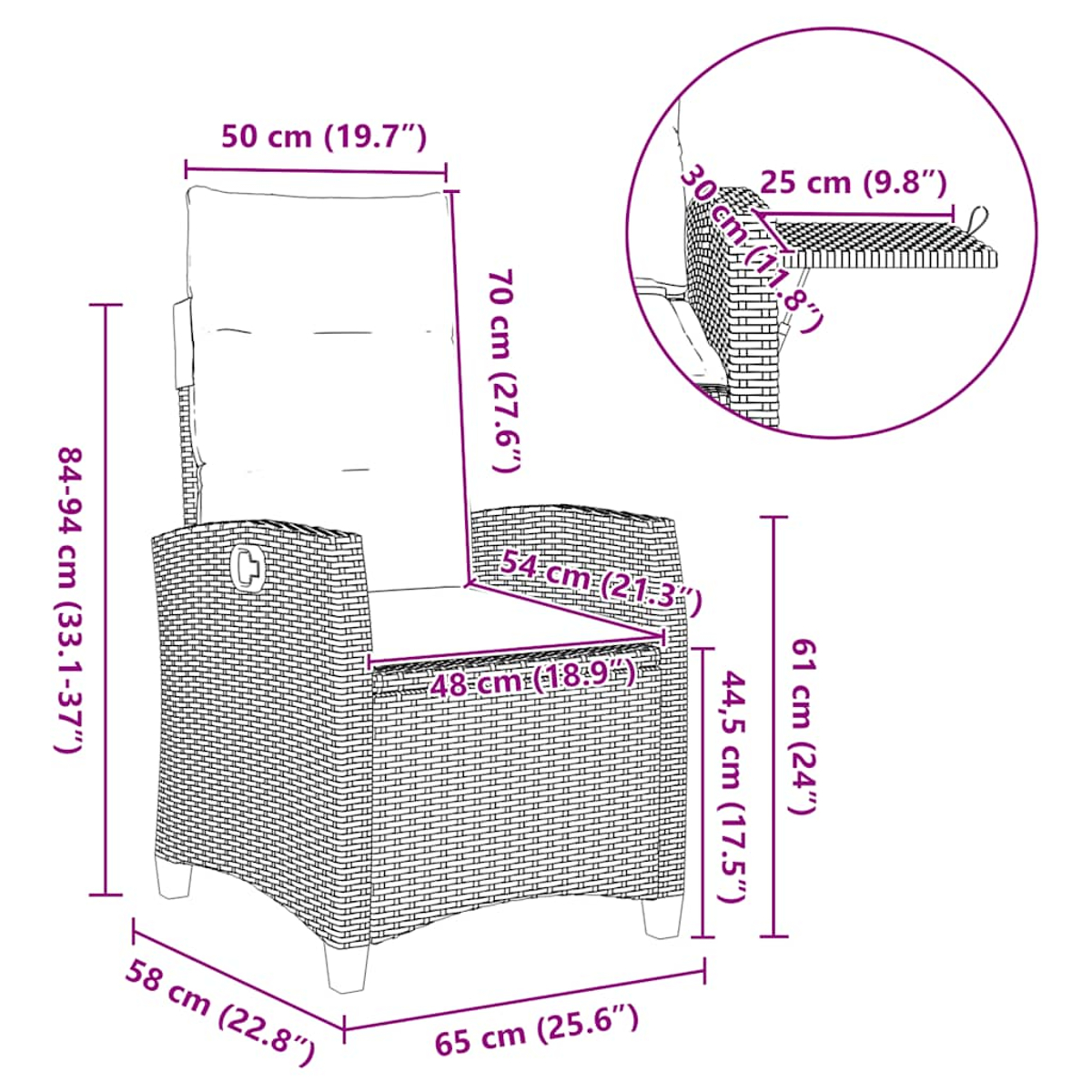 Seitenansicht eines grauen Korbstuhls mit gepolstertem Sitz und Rückenlehne.