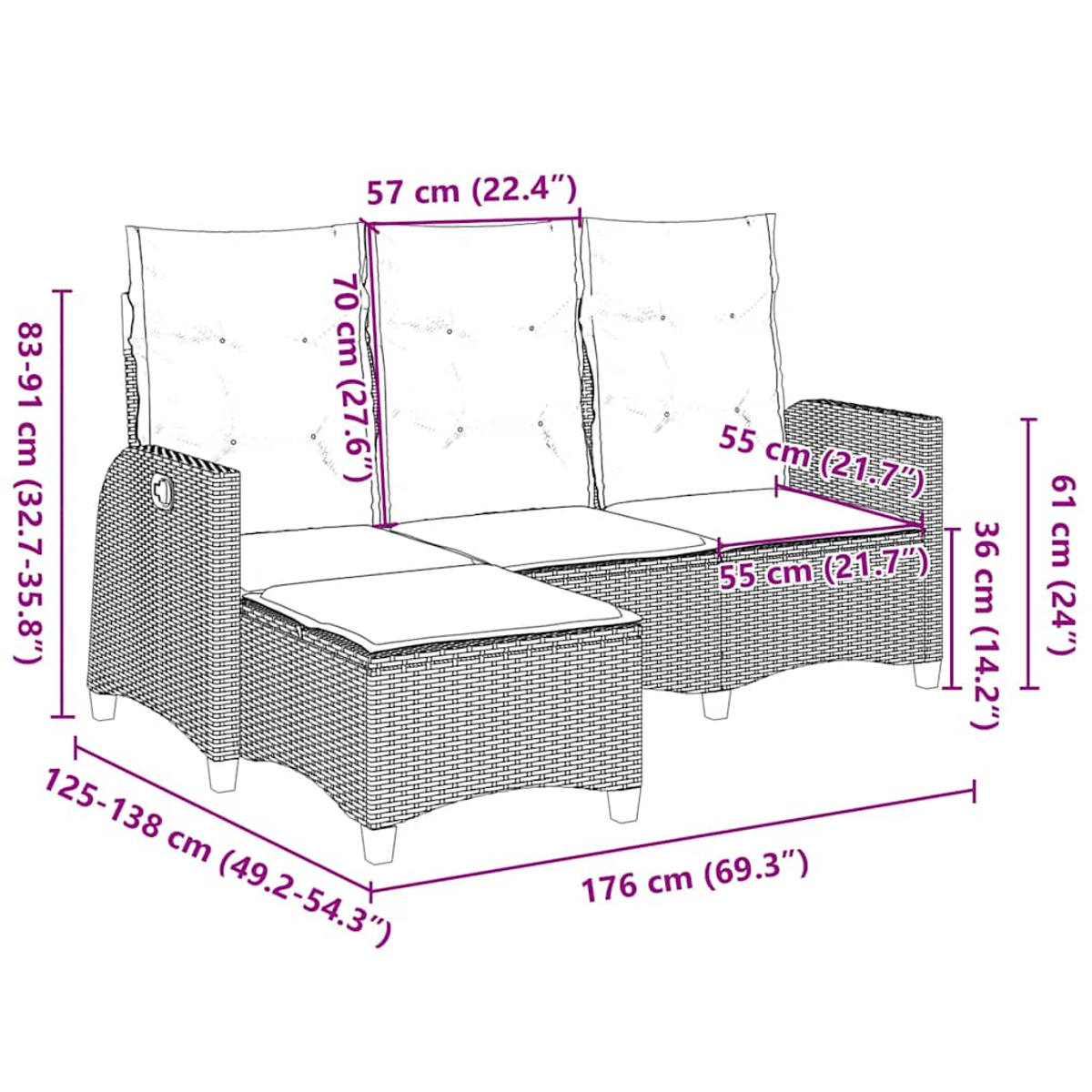 Graues Outdoor-Wicker-Sofaset mit Abmessungen in Zentimetern und Zoll.