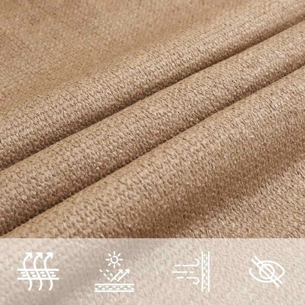Primo piano di tessuto ombreggiante beige con trama visibile. Icone indicano protezione solare, resistenza al vento e filtraggio della luce.
