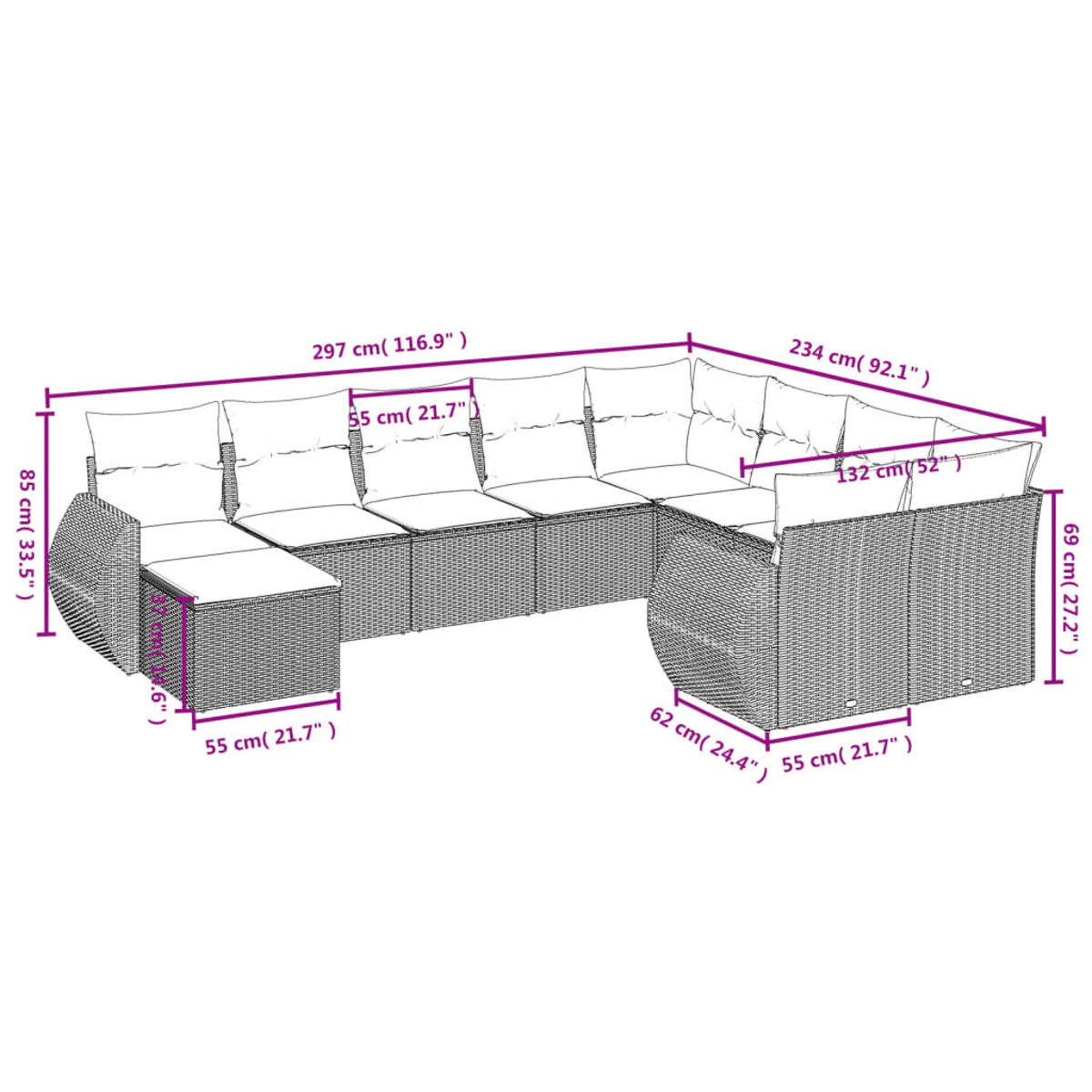 Diagramm eines Ecksofas mit detaillierten Maßen in Zentimetern und Zoll.