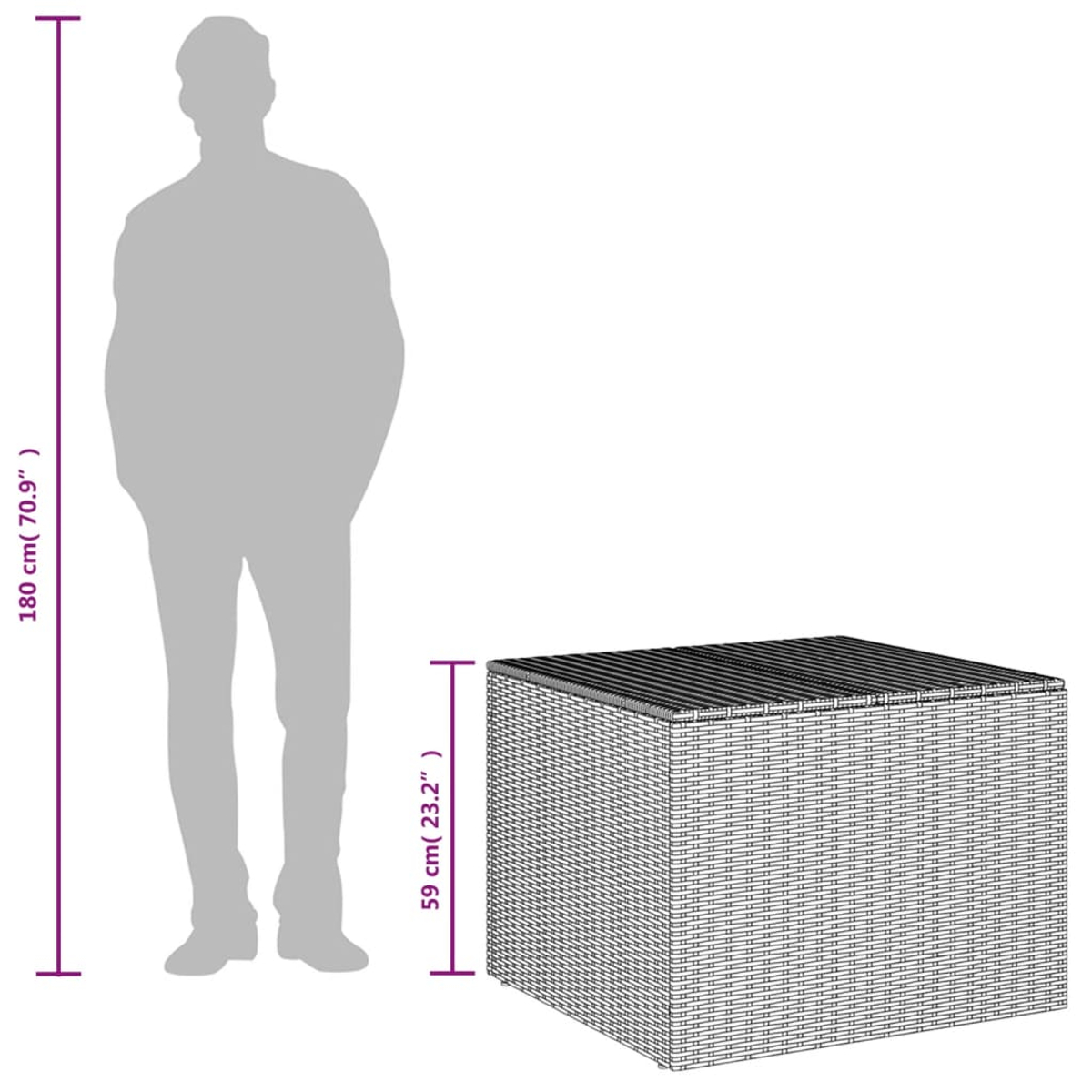 Die Silhouette einer Person neben einer schwarzen Aufbewahrungsbox mit Abmessungen.