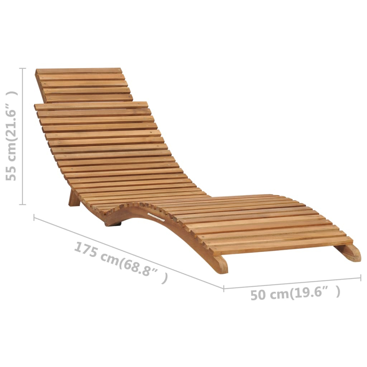 Eine Holz-Sonnenliege mit geschwungenem Design, mit Maßangaben in Zentimetern.