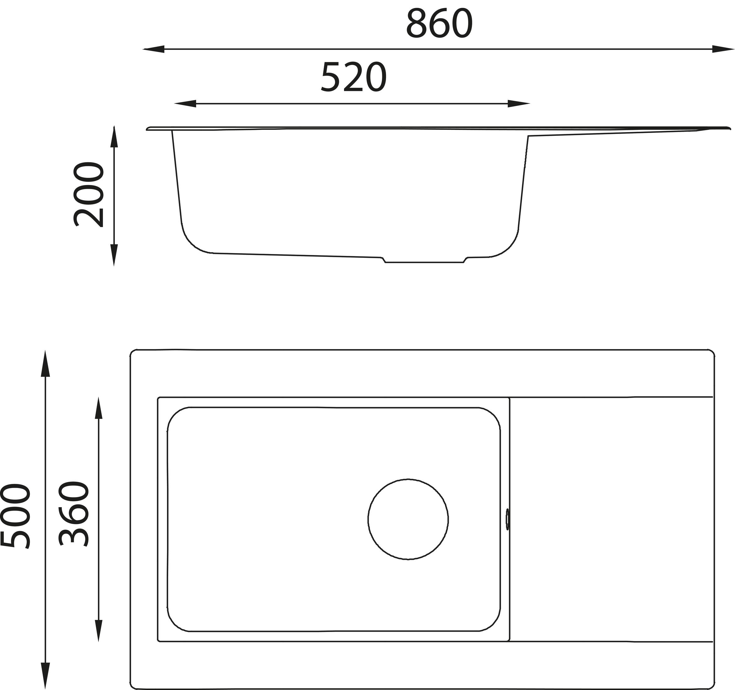 Diagramm eines Waschbeckens. Zeigt Draufsicht und Seitenansicht mit Abmessungen in mm, inkl. Becken und Abtropffläche.