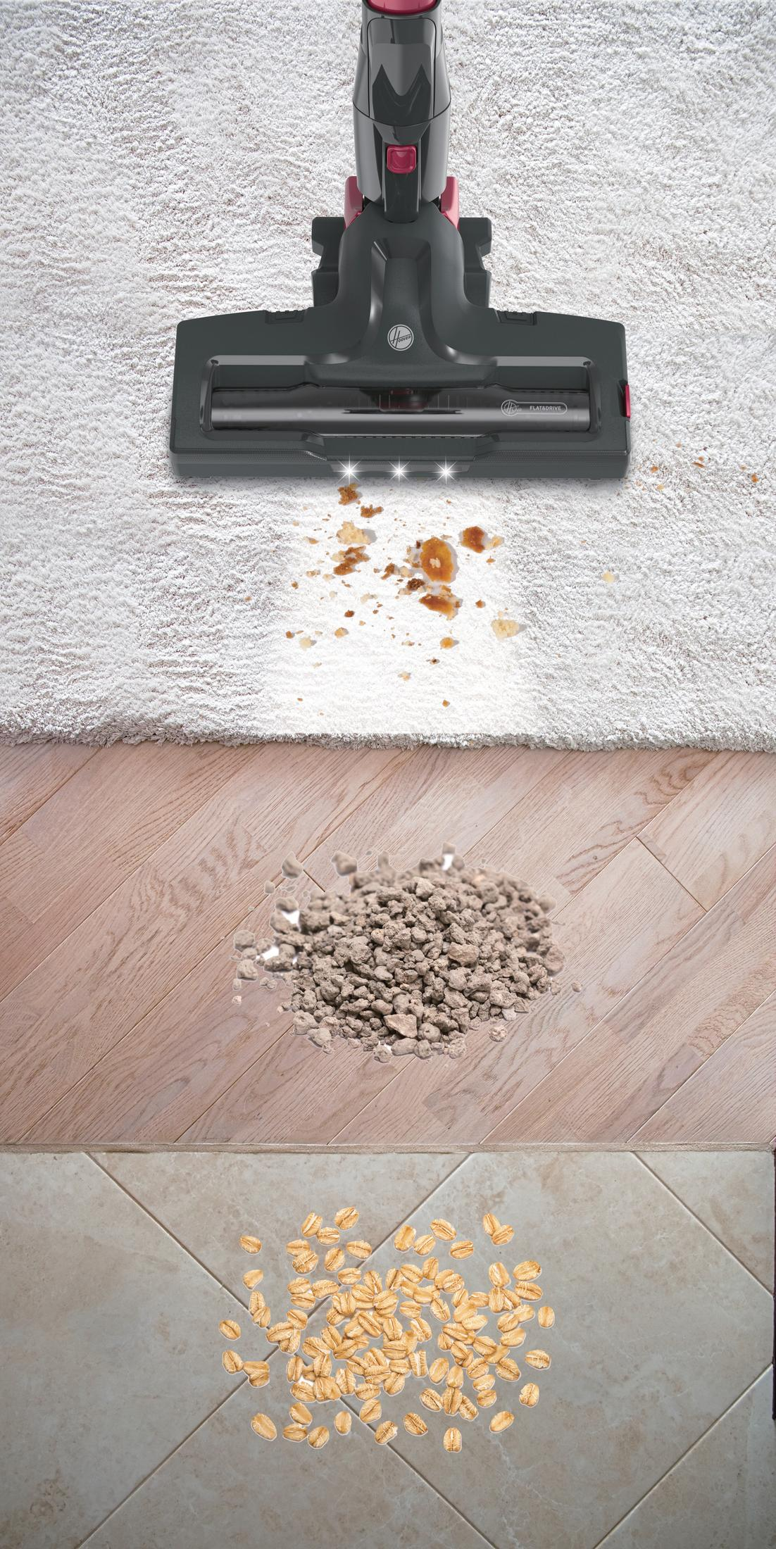 Stofzuiger die een tapijt schoonmaakt met vuil, houten vloer en tegels.
