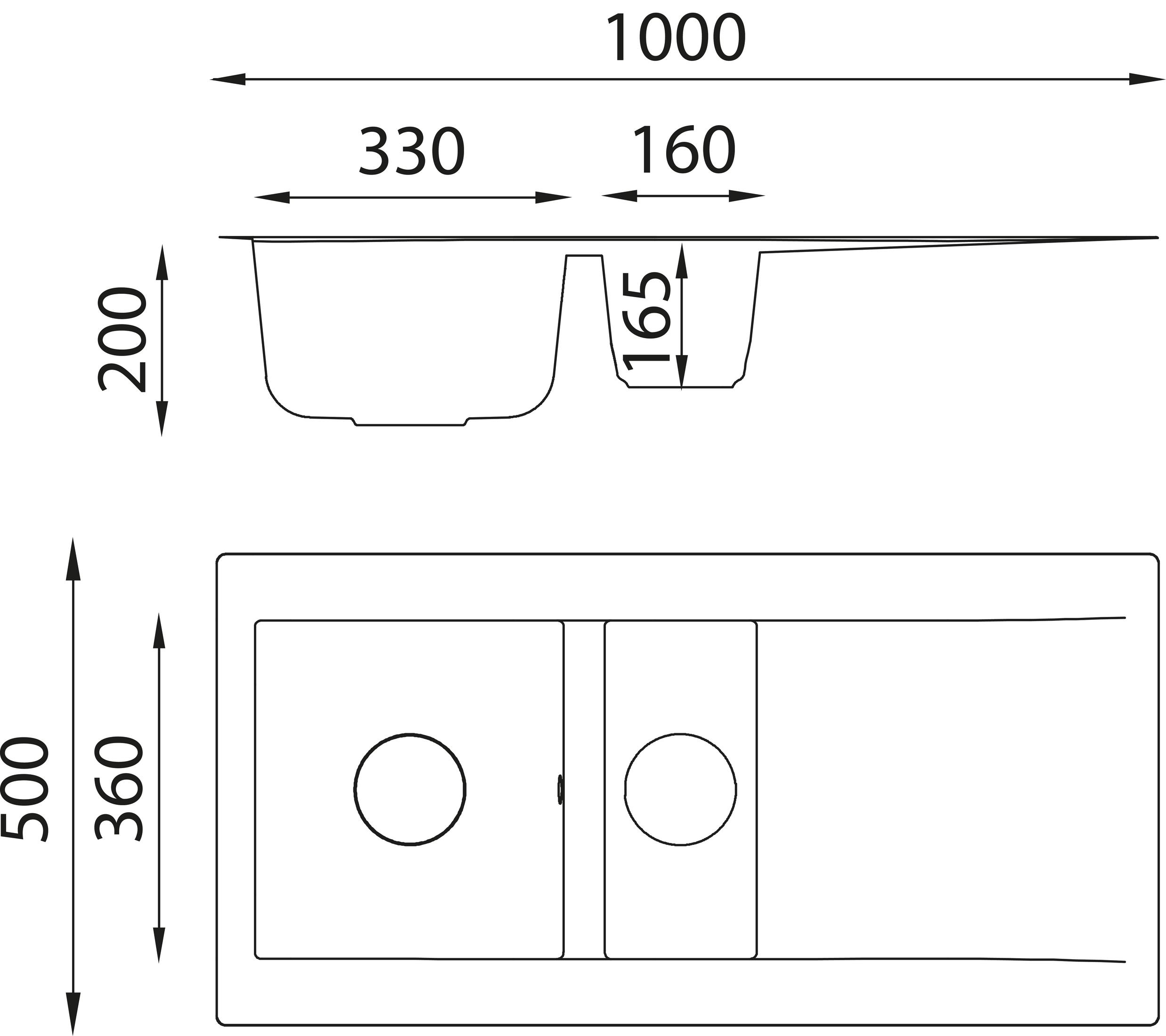 Eine technische Zeichnung eines Waschbeckens mit Abmessungen in Millimetern. Draufsicht und Seitenansicht.