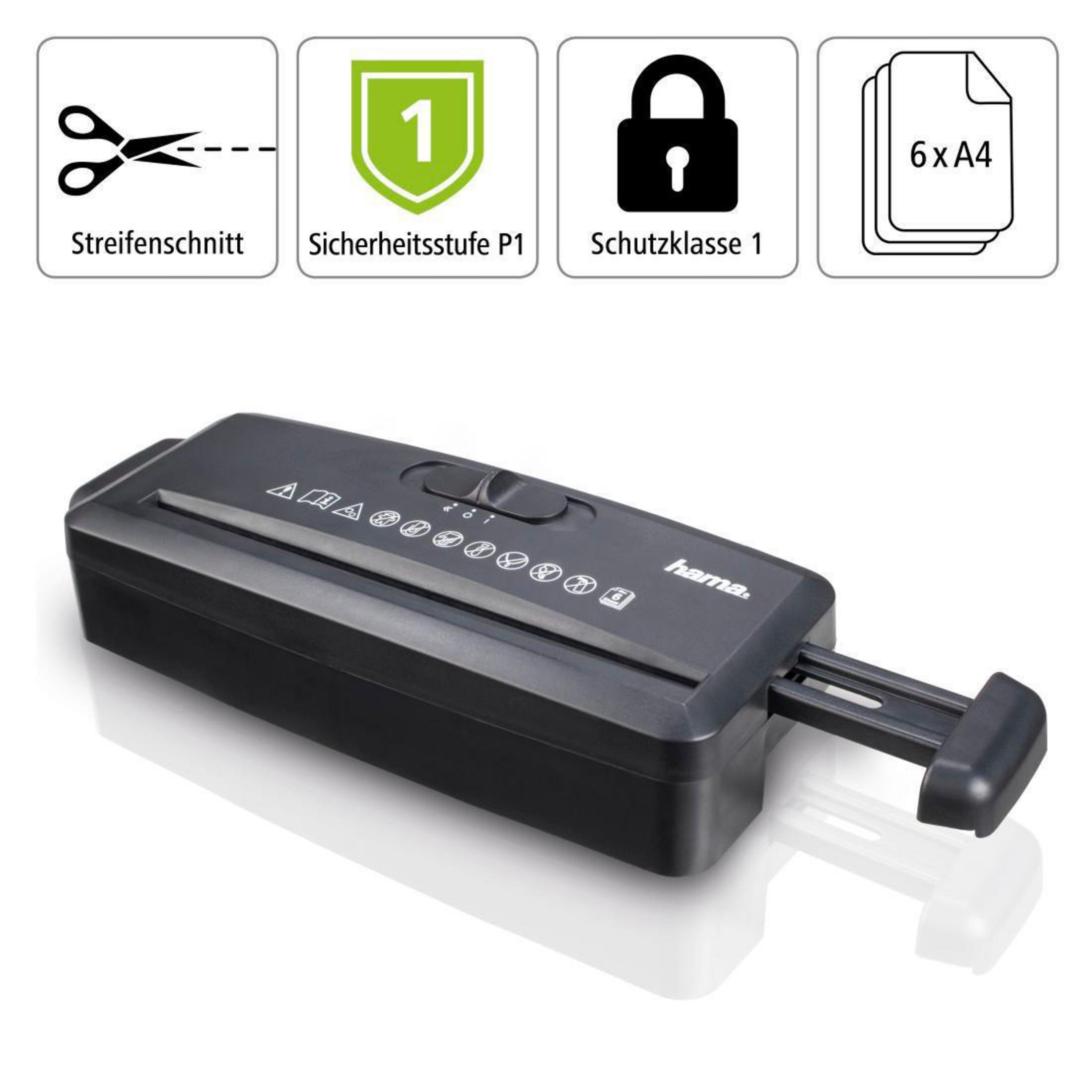 Czarna niszczarka do papieru z ikonami wskazującymi rodzaj cięcia, poziom bezpieczeństwa i pojemność.