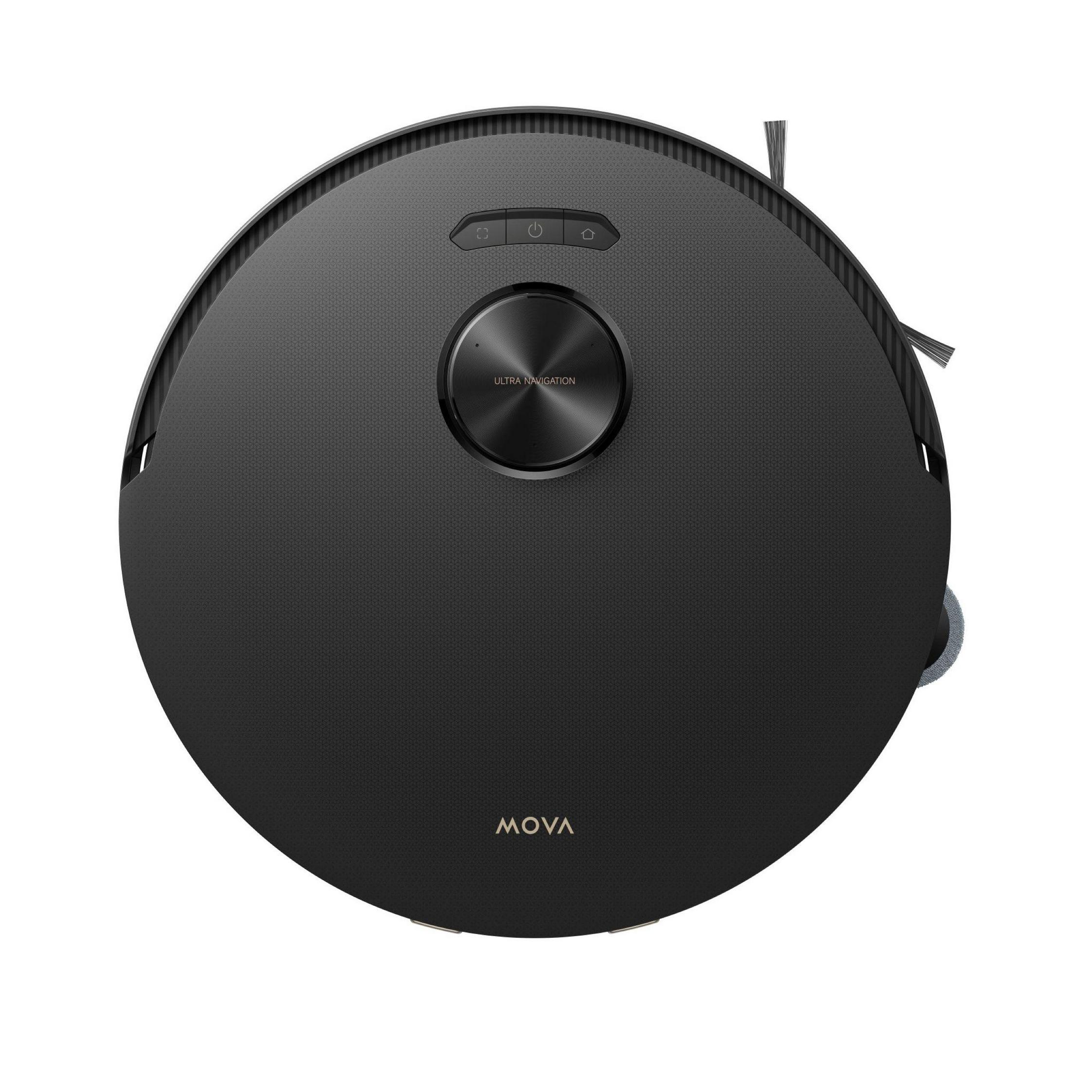 Widok z góry na czarny odkurzacz automatyczny na białej powierzchni, widoczna marka MOVA.
