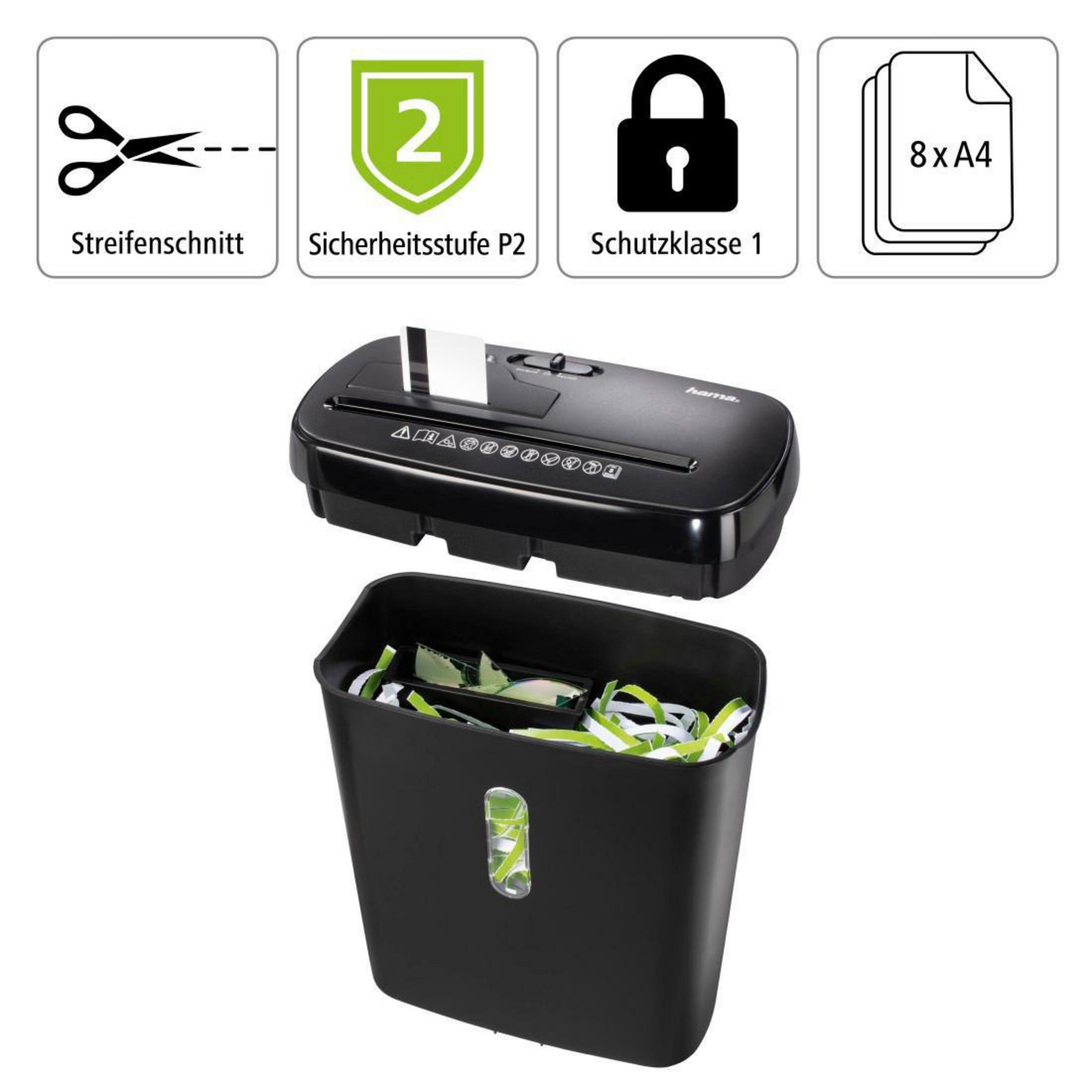 Destructora de papel con papel triturado y símbolos que indican el tipo de corte, el nivel de seguridad y la capacidad de papel.
