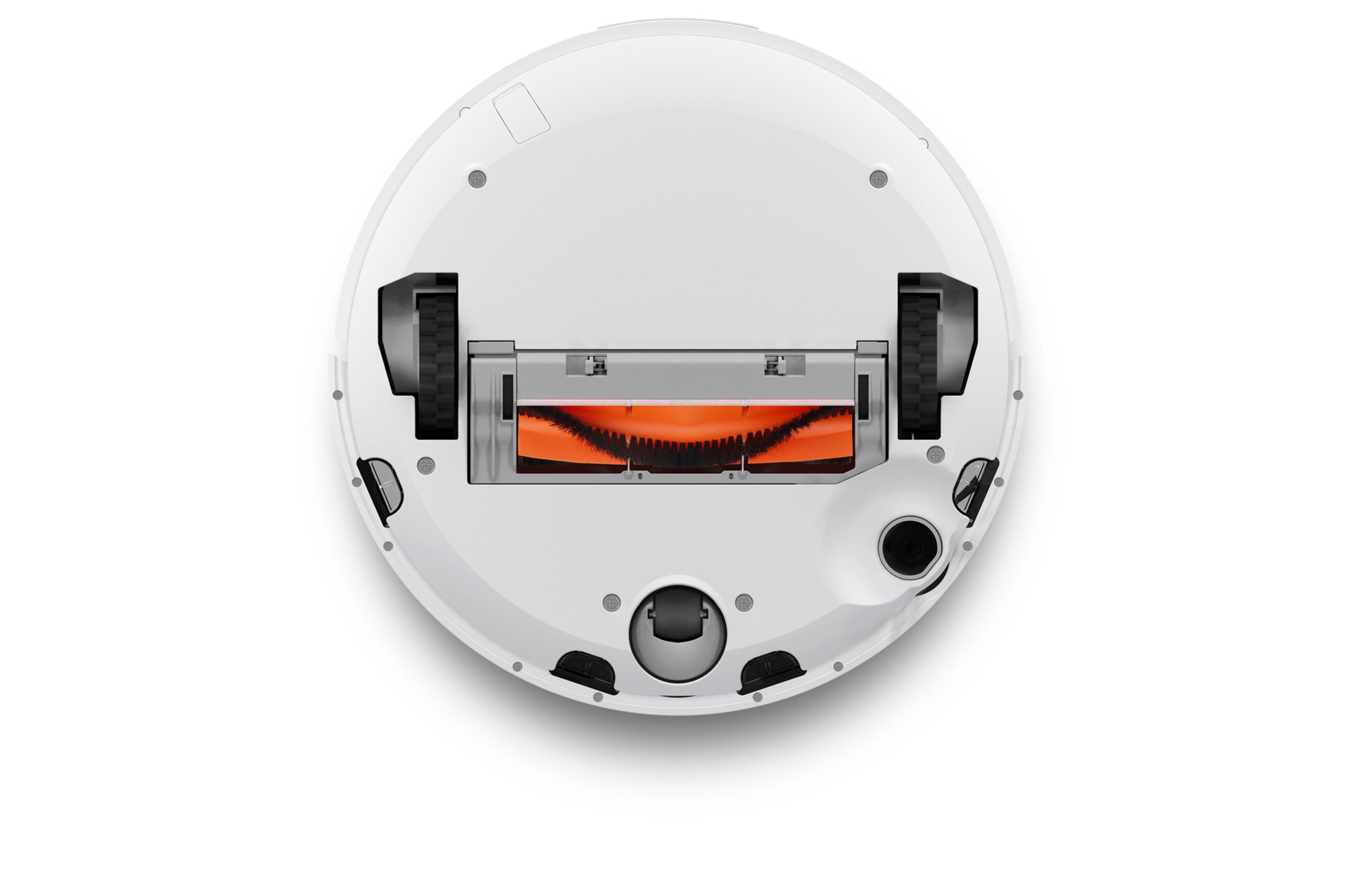 Unterseite eines weißen Roboter-Staubsaugers. Zeigt Bürsten, Räder und interne Komponenten.