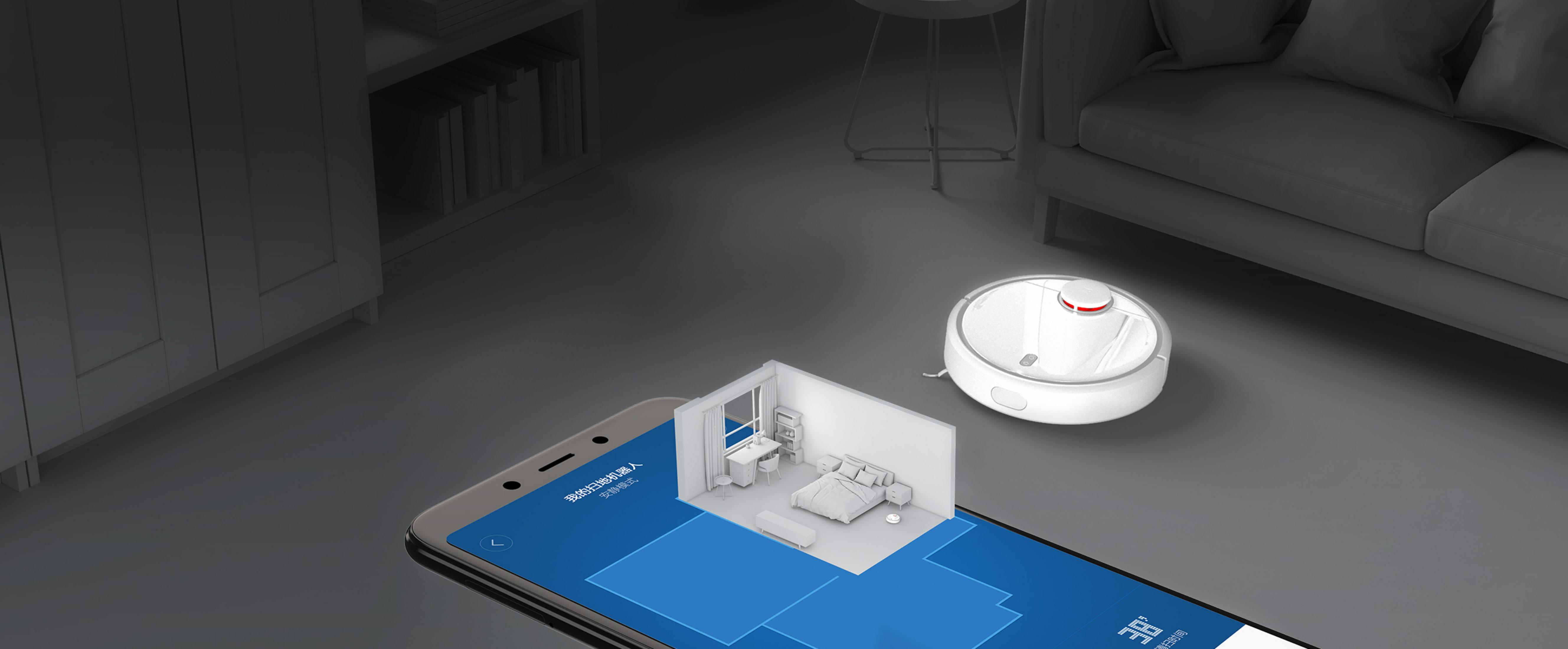 Roboter-Staubsauger und Smartphone mit Raumlayout auf dem Bildschirm. Modernes Zuhause.