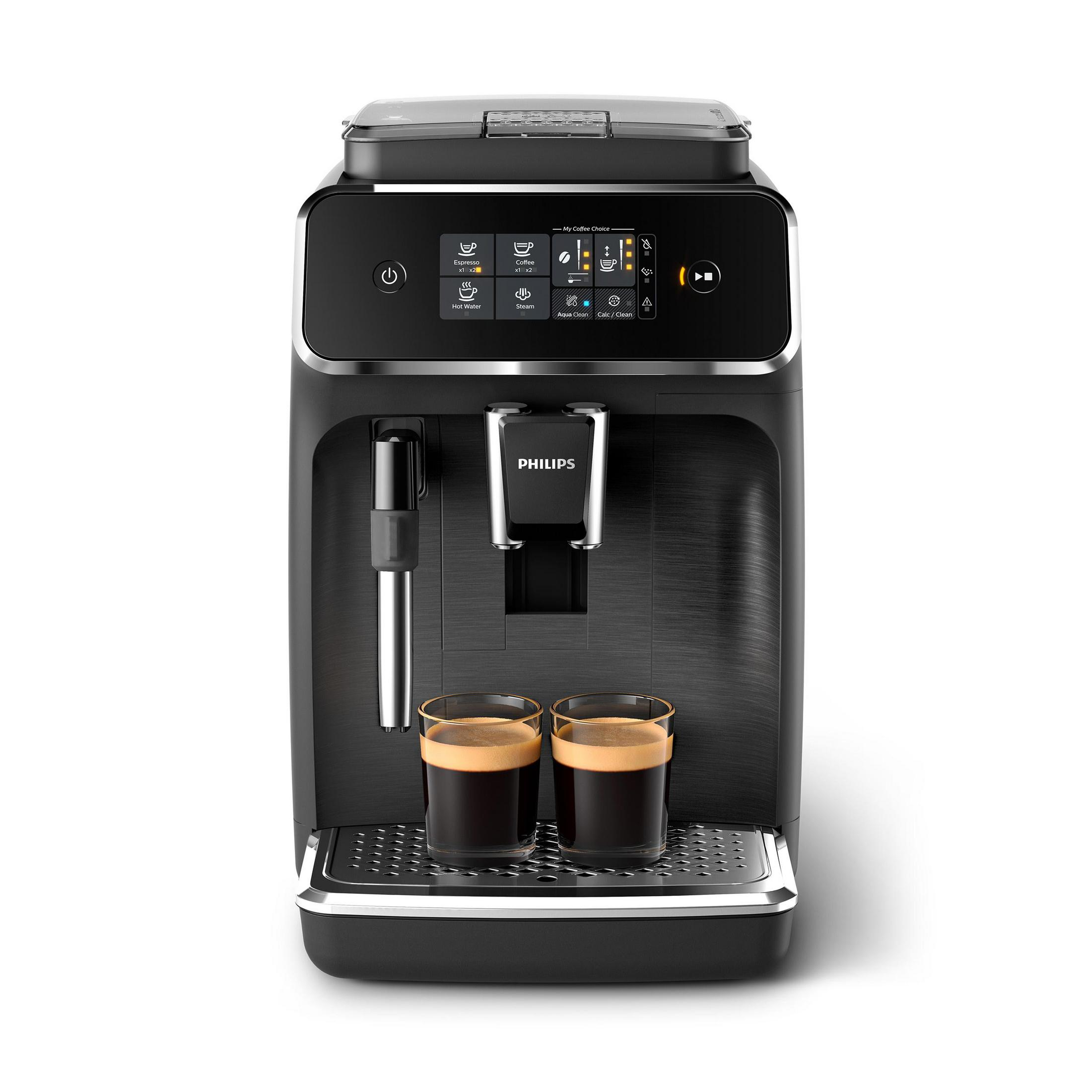 Schwarze Espressomaschine mit zwei Gläsern. Die Maschine hat einen Touchscreen mit Kaffeeoptionen.