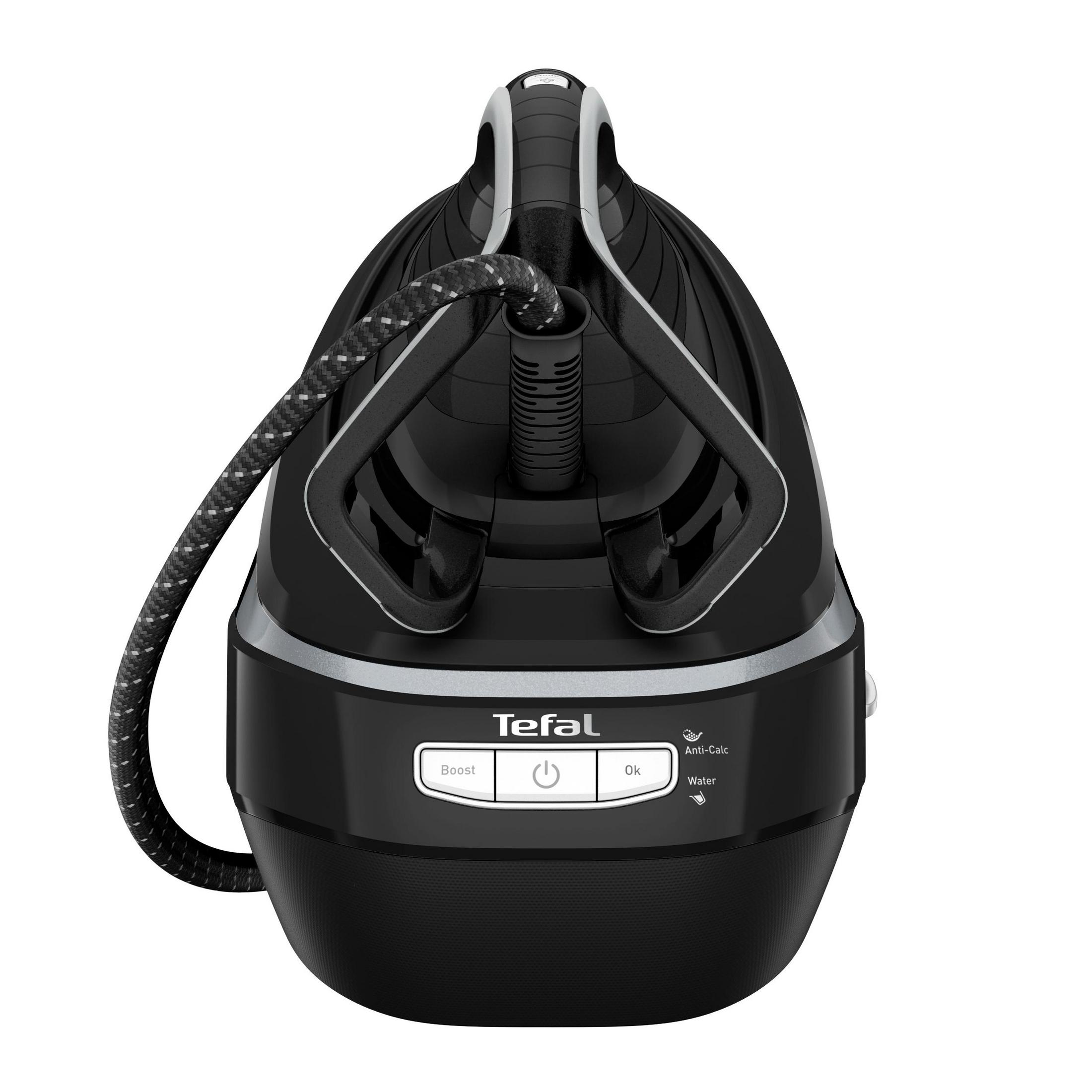 Schwarzes und silbernes Tefal-Bügeleisen, Draufsicht. Mit Boost-, On- und Anti-Calc-Tasten und Netzkabel.