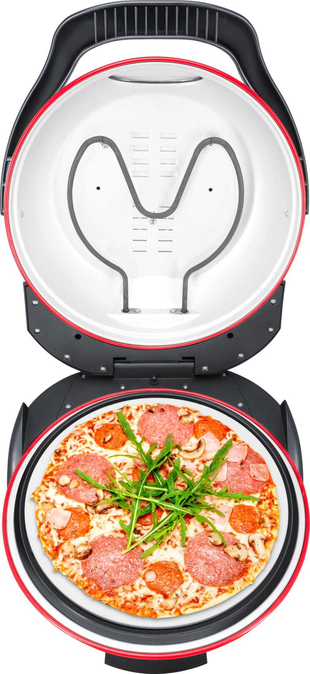 Offener Pizzaofen mit Pizza, Salami, Pilzen und Rucola. Rotes und weißes Design.