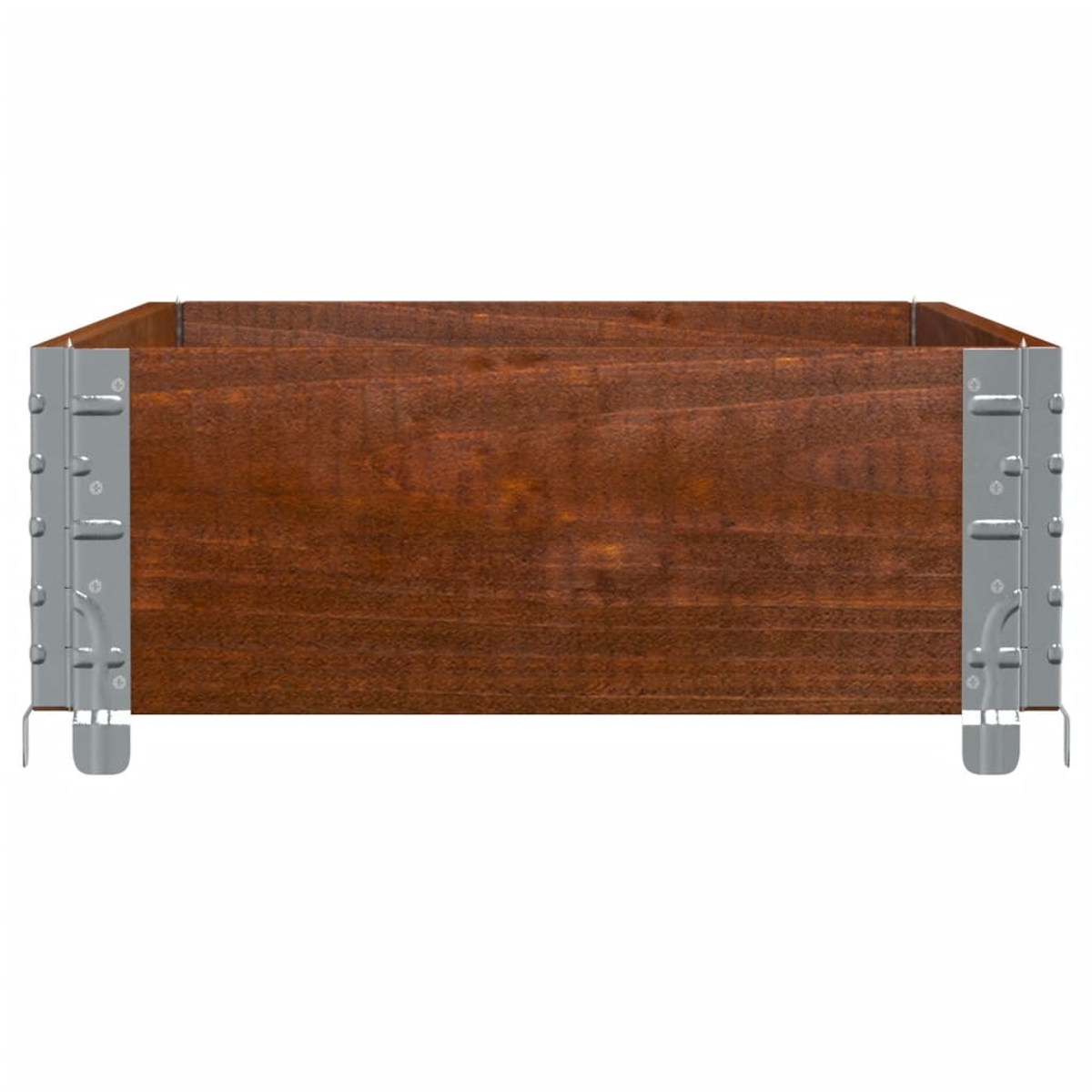 Una fioriera in legno marrone con supporti angolari in metallo.