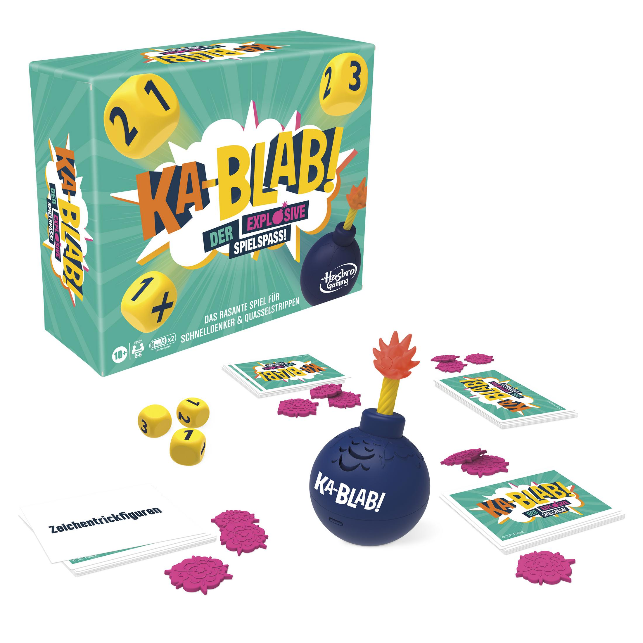 Ka-Blab!-Spielbox und -Komponenten. Würfel, Karten und ein bombenförmiger Timer mit Flammen.