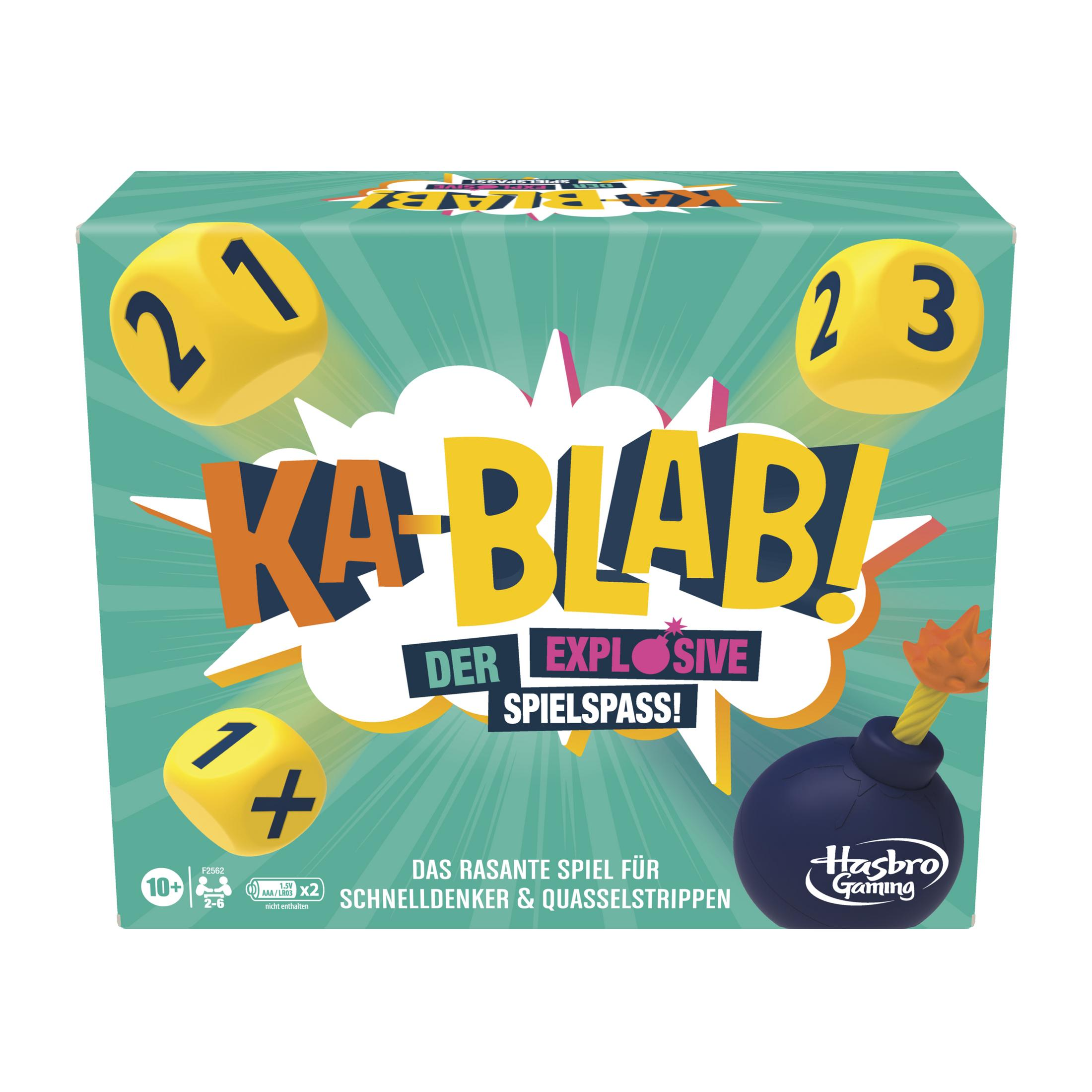 Ka-Blab!-Brettspielbox mit einer Bombe und Würfeln. Es hat gelbe, orange und blaue Farben.