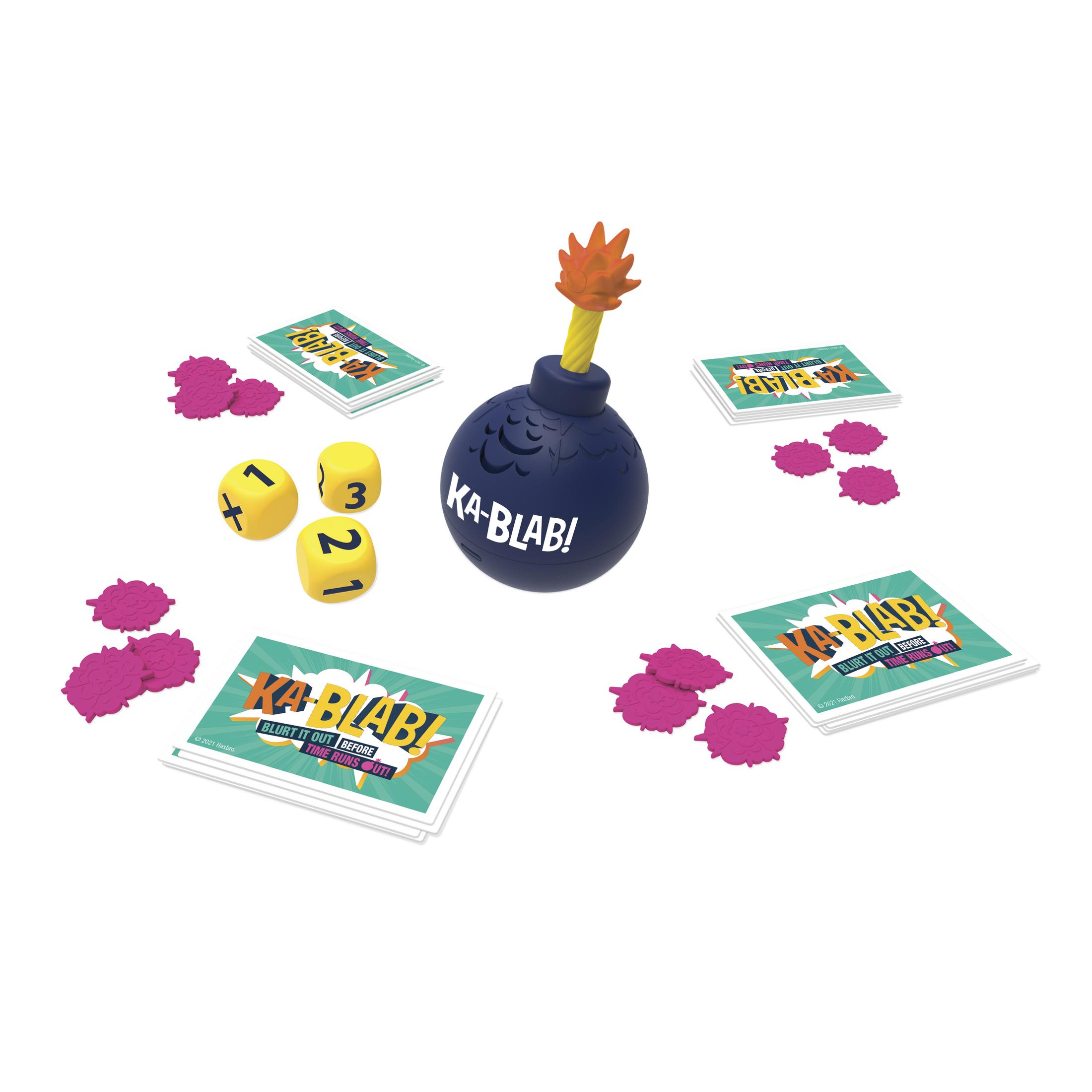 Ka-Blab! Spielset mit Würfeln, Karten, einer Bombe und rosa Klecksen.