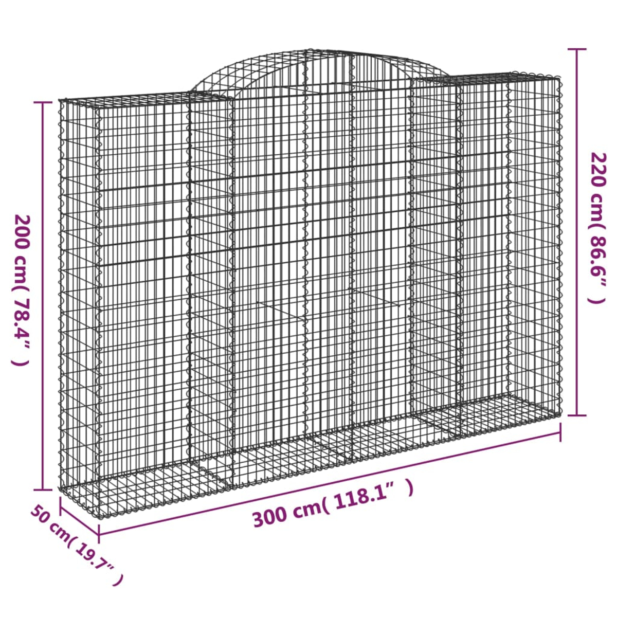 Großer Metall-Draht-Gabion, leer, mit Abmessungen in cm.