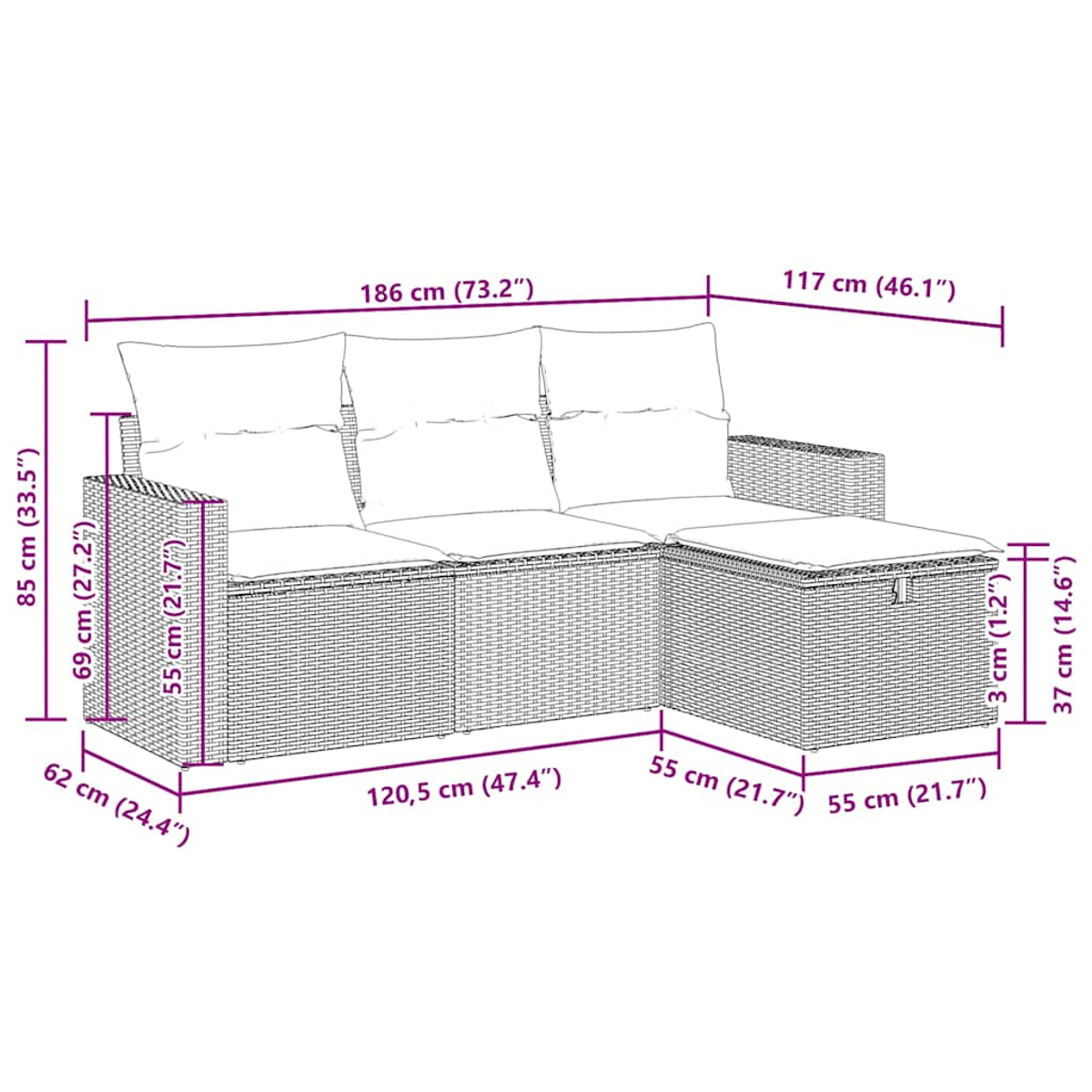 Diagramm eines braunen Ecksofas aus Korbgeflecht im Freien mit Abmessungen. Es hat beige Kissen und ist L-förmig.
