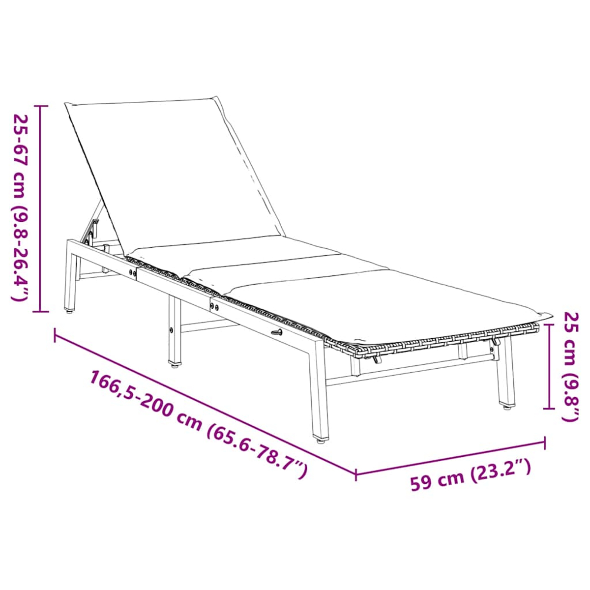 Lettino prendisole con dimensioni. Schienale regolabile.