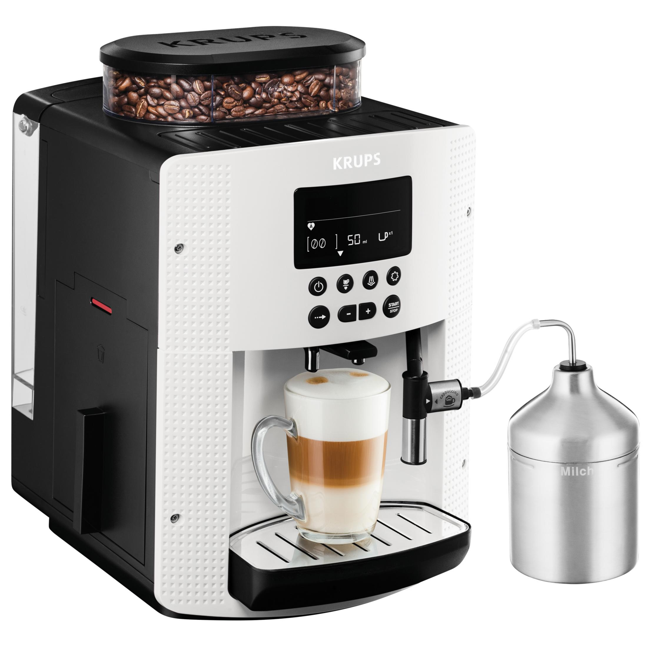 Eine Kaffeemaschine mit einer Kaffeetasse. Sie hat einen Bohnenbehälter und einen Milchbehälter.