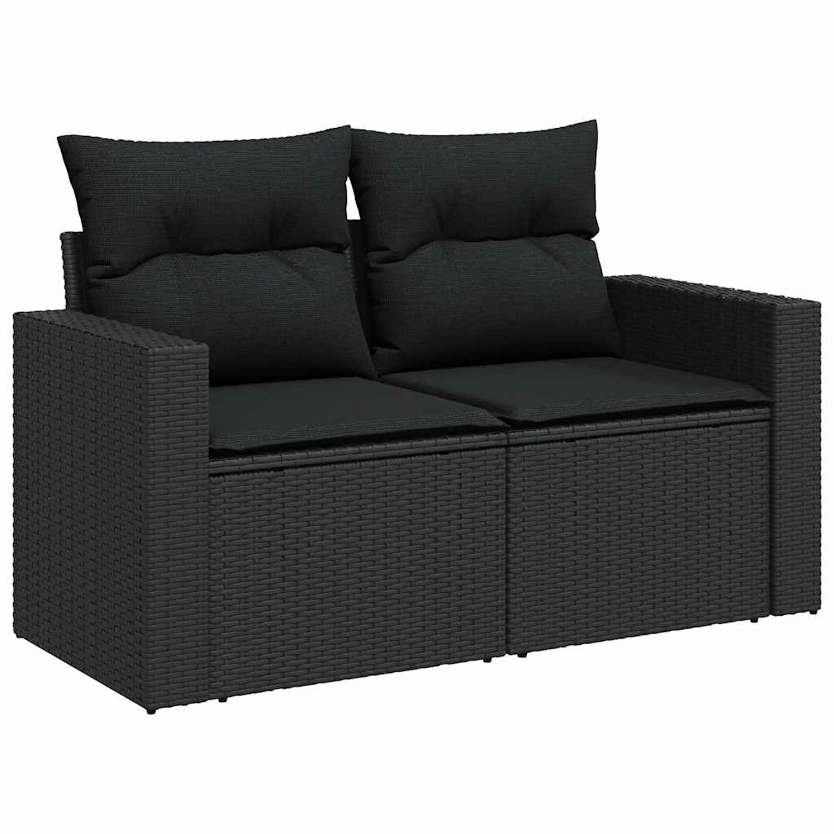 Divanetto in vimini nero con due cuscini. I cuscini e la seduta sono dello stesso materiale.
