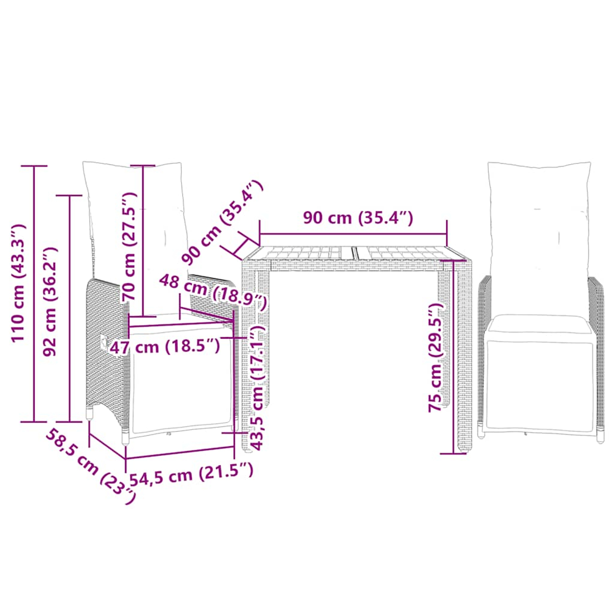 Diagramma con dimensioni di mobili e sedie in vimini.