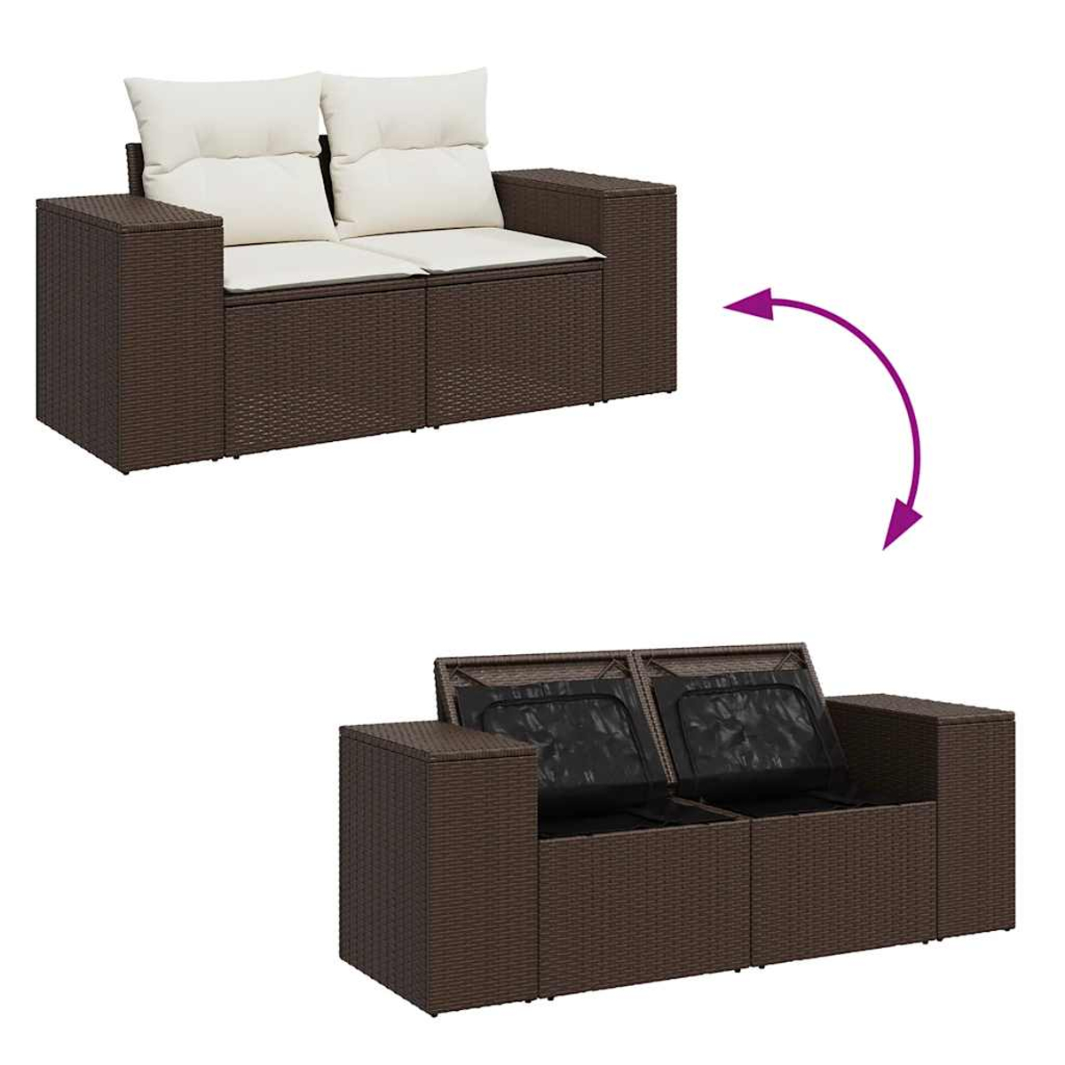Braunes Rattan-Sofa mit zwei Kissen, mit Pfeil für offene Variante.