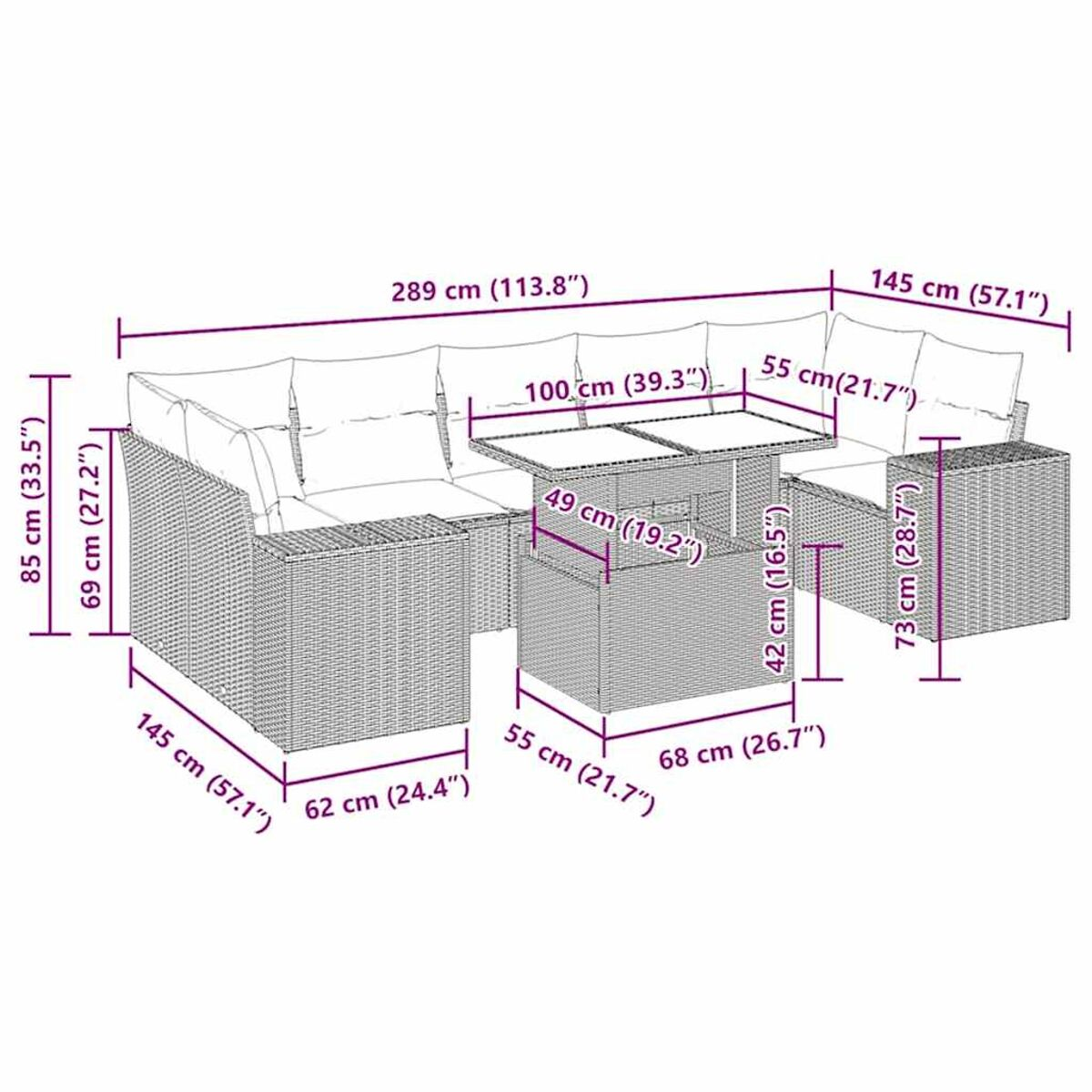 Geflochtenes Terrassenset mit Abmessungen, einschließlich Tisch und Sitzgelegenheiten.