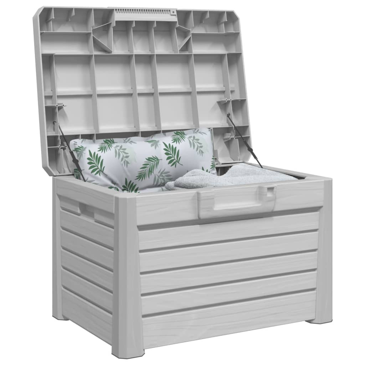 Geöffnete weiße Aufbewahrungsbox mit Kissen und Handtuch im Inneren.