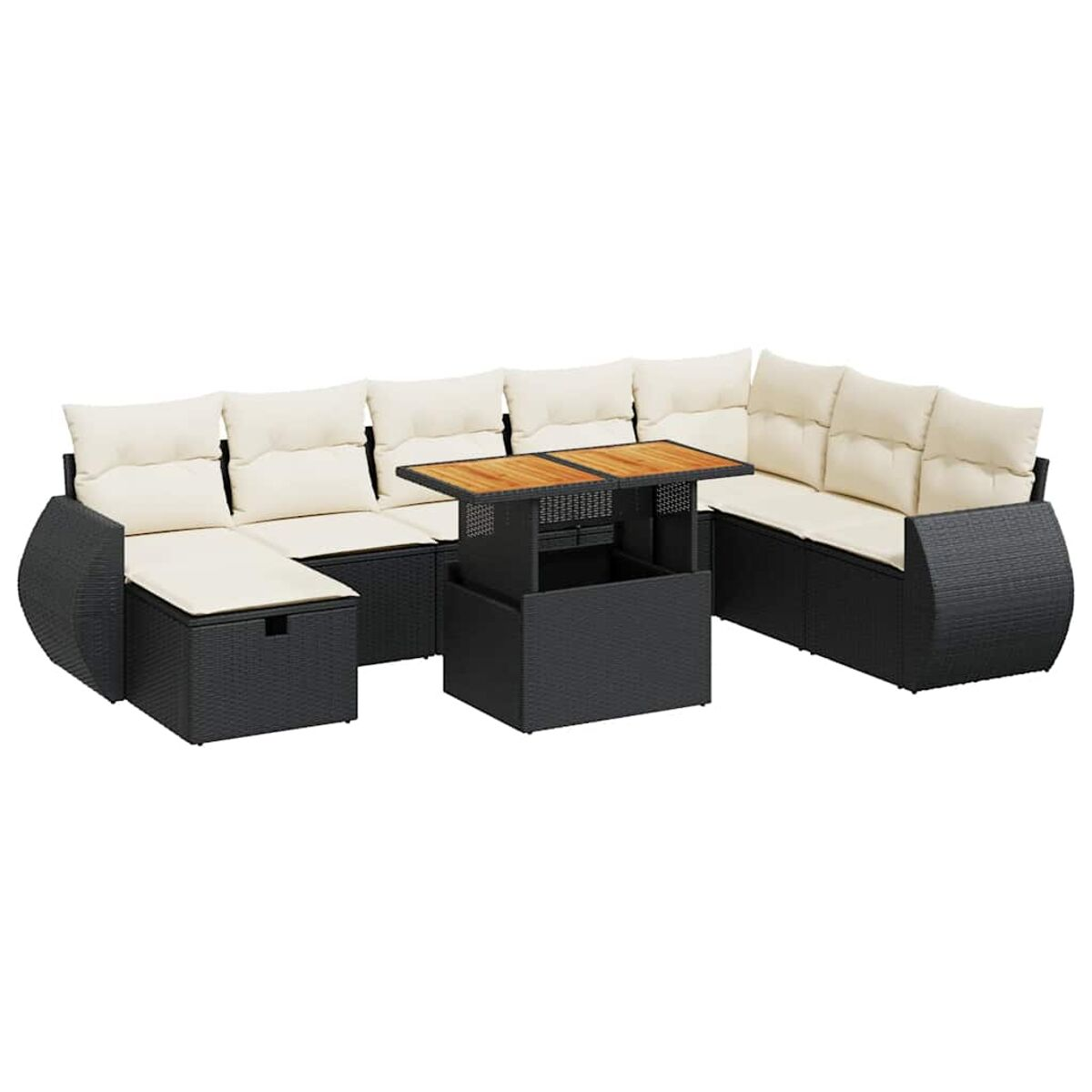 Set divano da esterno bianco e nero con tavolo in legno.