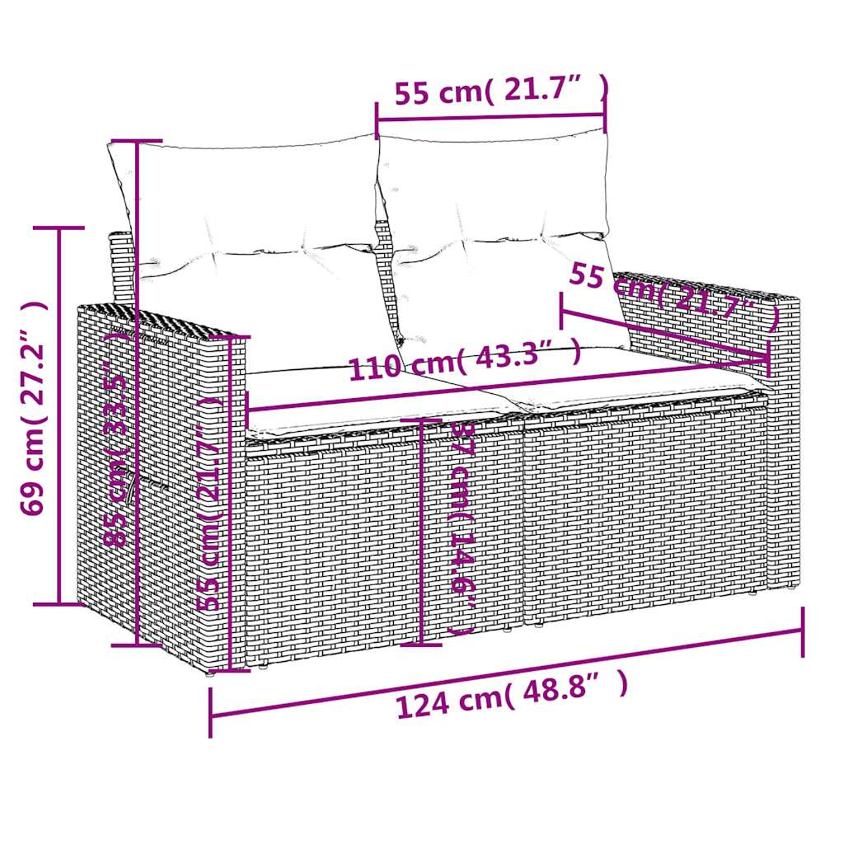 Diagramm eines Rattan-Sofas mit Abmessungen in cm und Zoll. Weißer Hintergrund.