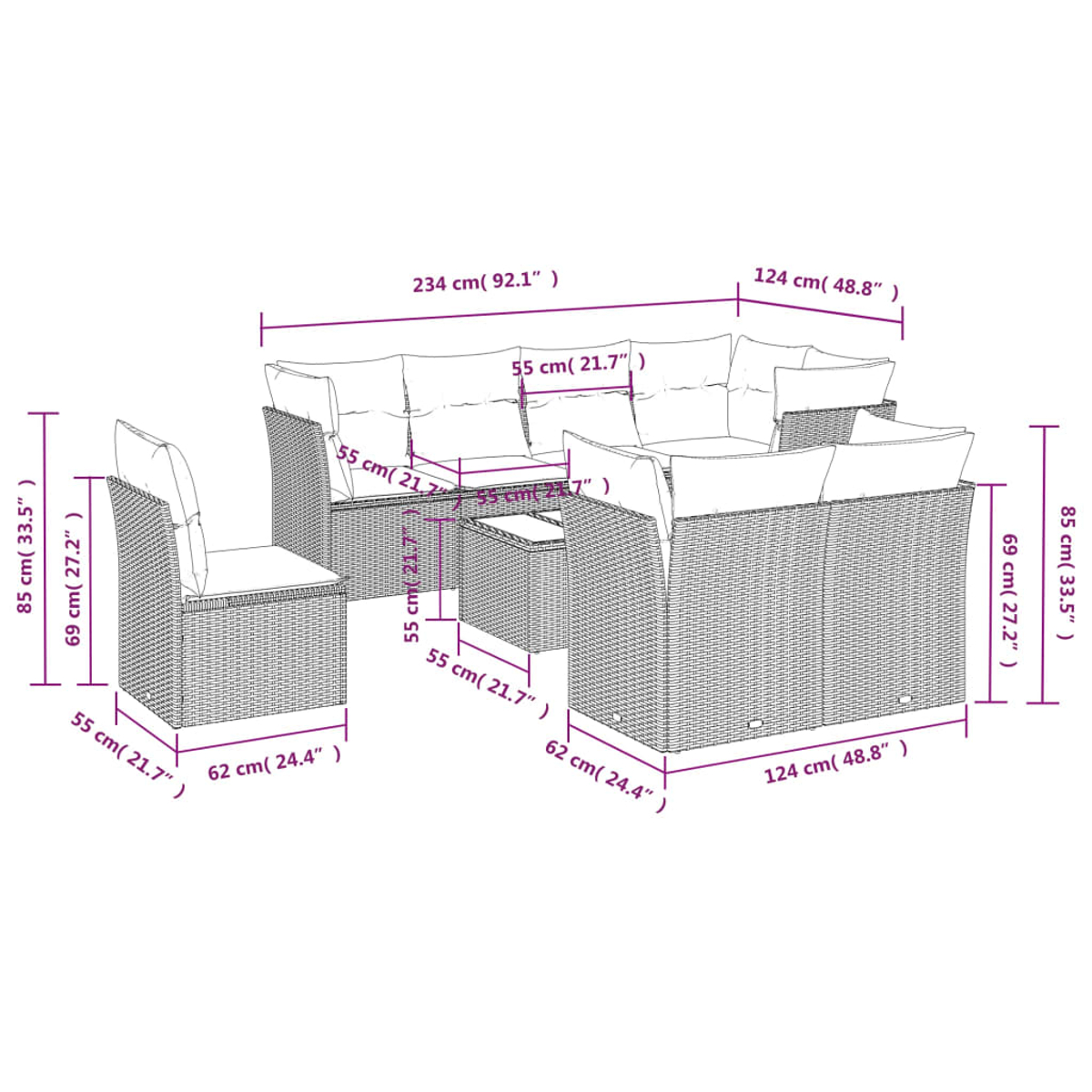 Outdoor-Korbmöbelset mit schwarzen Maßangaben, einschließlich Sofa, Tisch und Stuhlgrößen.