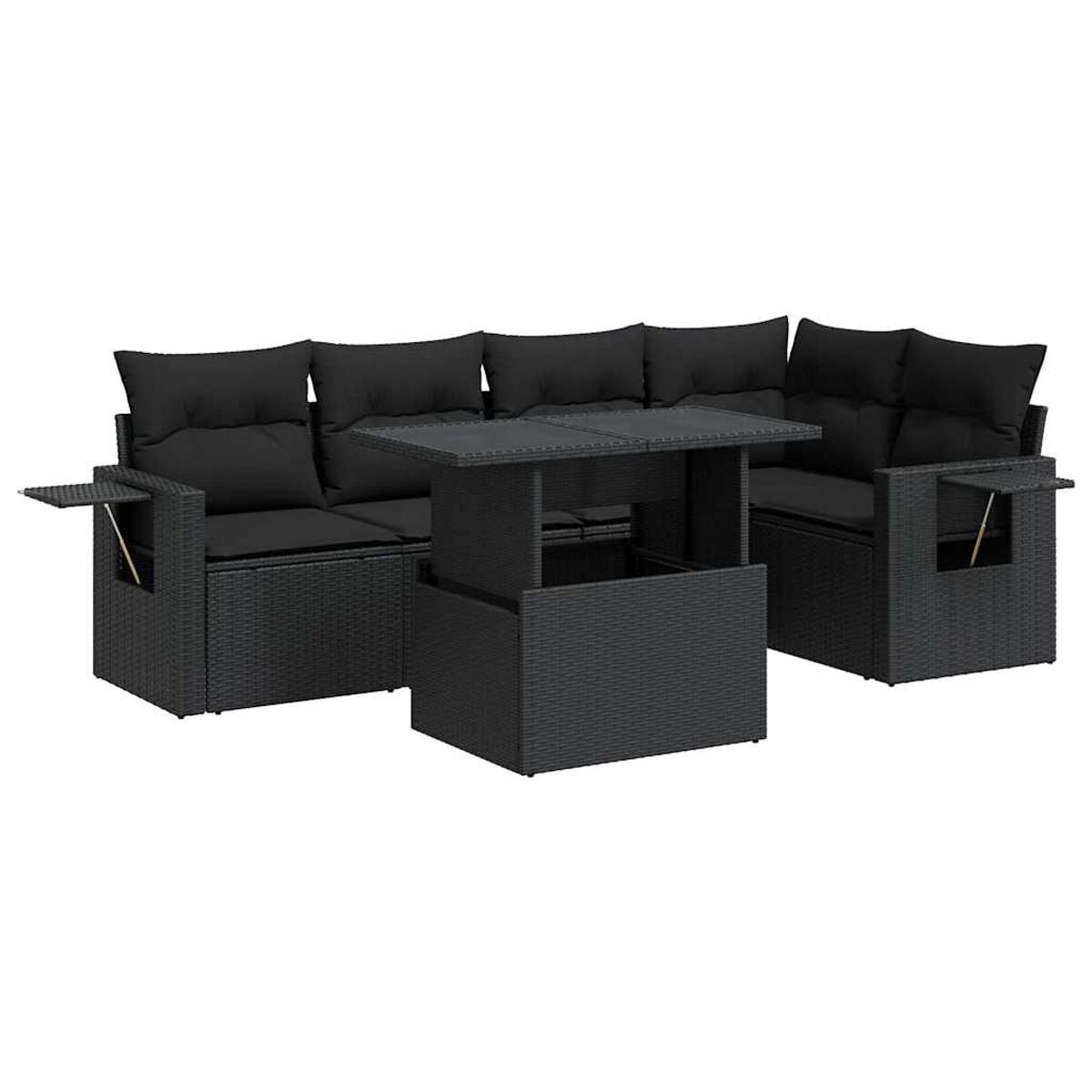 Un set di mobili da esterno in vimini nero. Il set è composto da un divano e un tavolo con piano rialzabile.