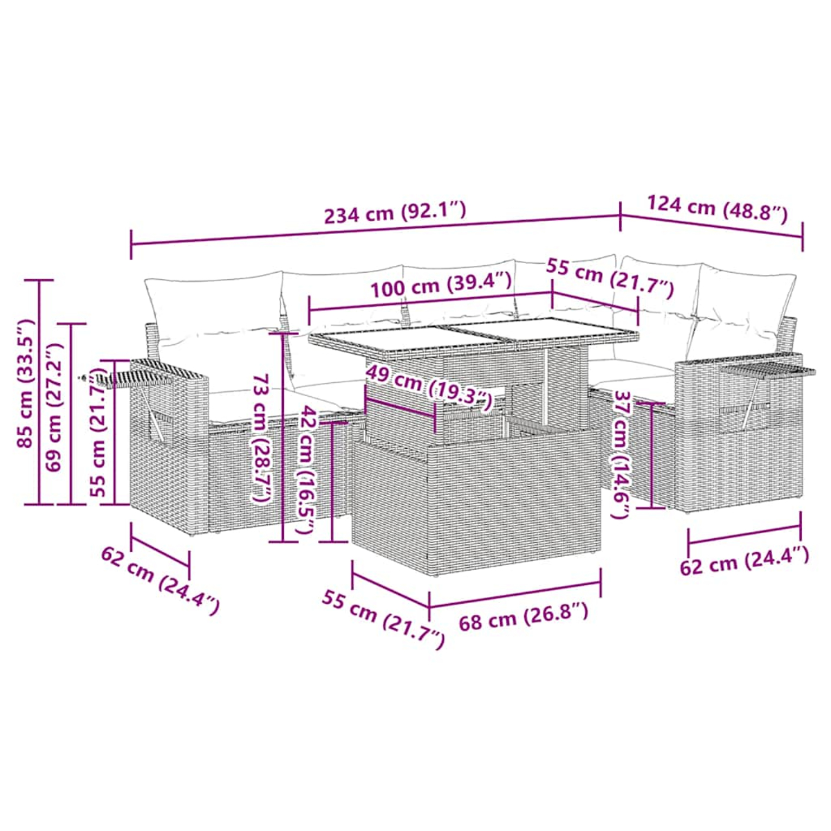 Set divano in rattan da esterno con dimensioni. Include un divano, due poltrone e un tavolo.