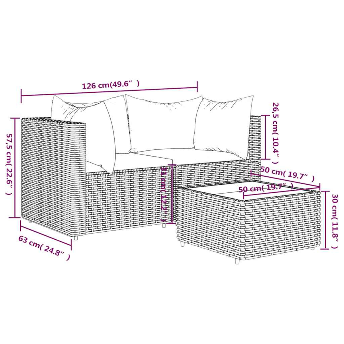 Diagramm eines Korbssofasets mit Maßen: Sofa und Couchtisch.