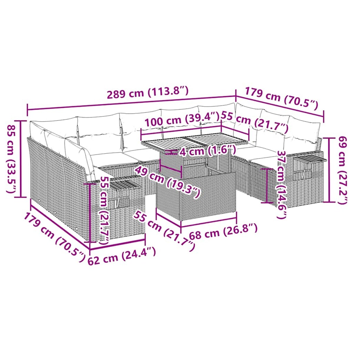 Diagramma di un set da esterno in vimini con dimensioni: divano, tavolo e componibile.