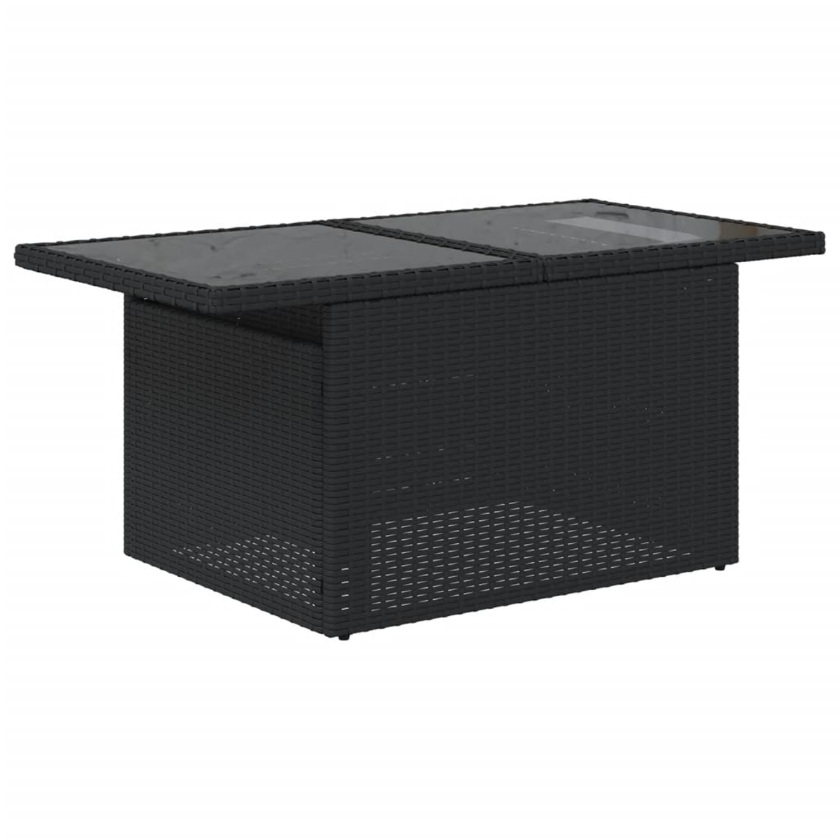Schwarzer Rattan-Außentisch mit Glasplatte, von oben betrachtet.