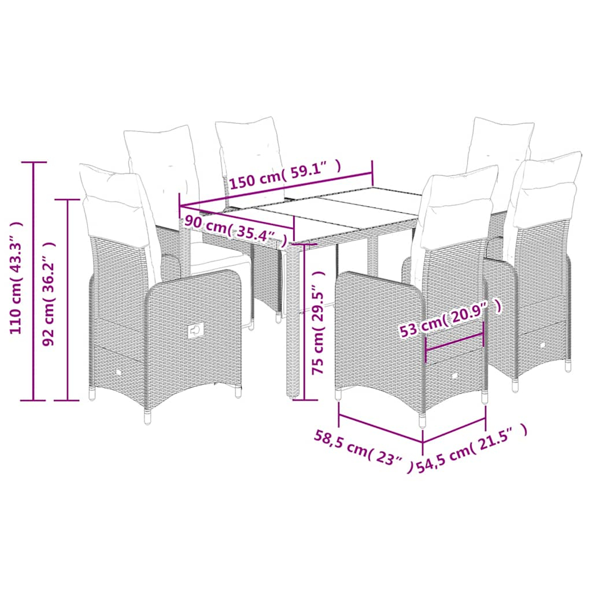 Diagramma con dimensioni di un set da pranzo da esterno in rattan con tavolo e sedie.