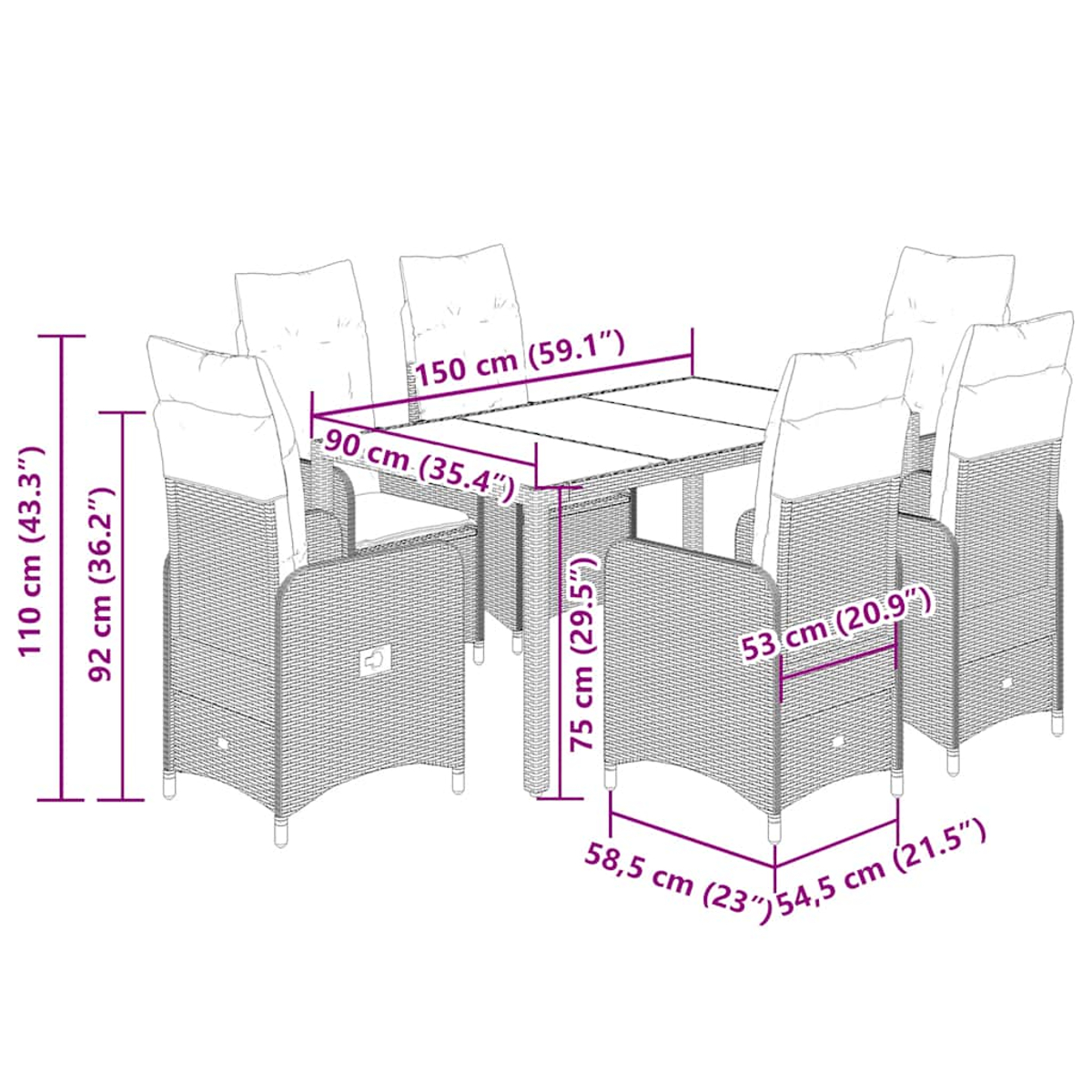 Diagramma con dimensioni di un set da pranzo da esterno in rattan con tavolo e sedie.
